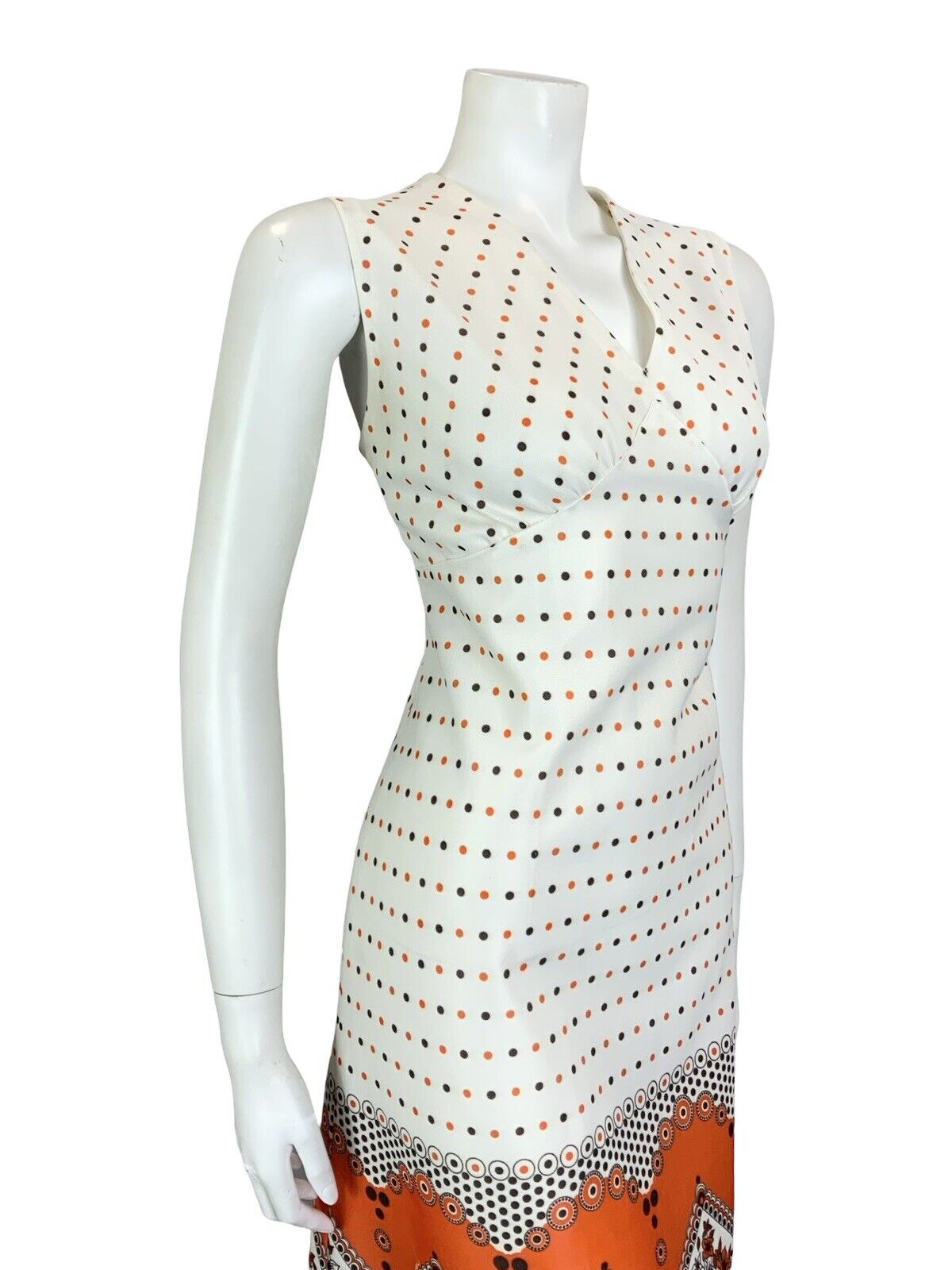 VTG 60S 70S WHITE ORANGE BROWN GEOMETRIC POLKA DOT FLORAL V NECK MIDI DRESS 12