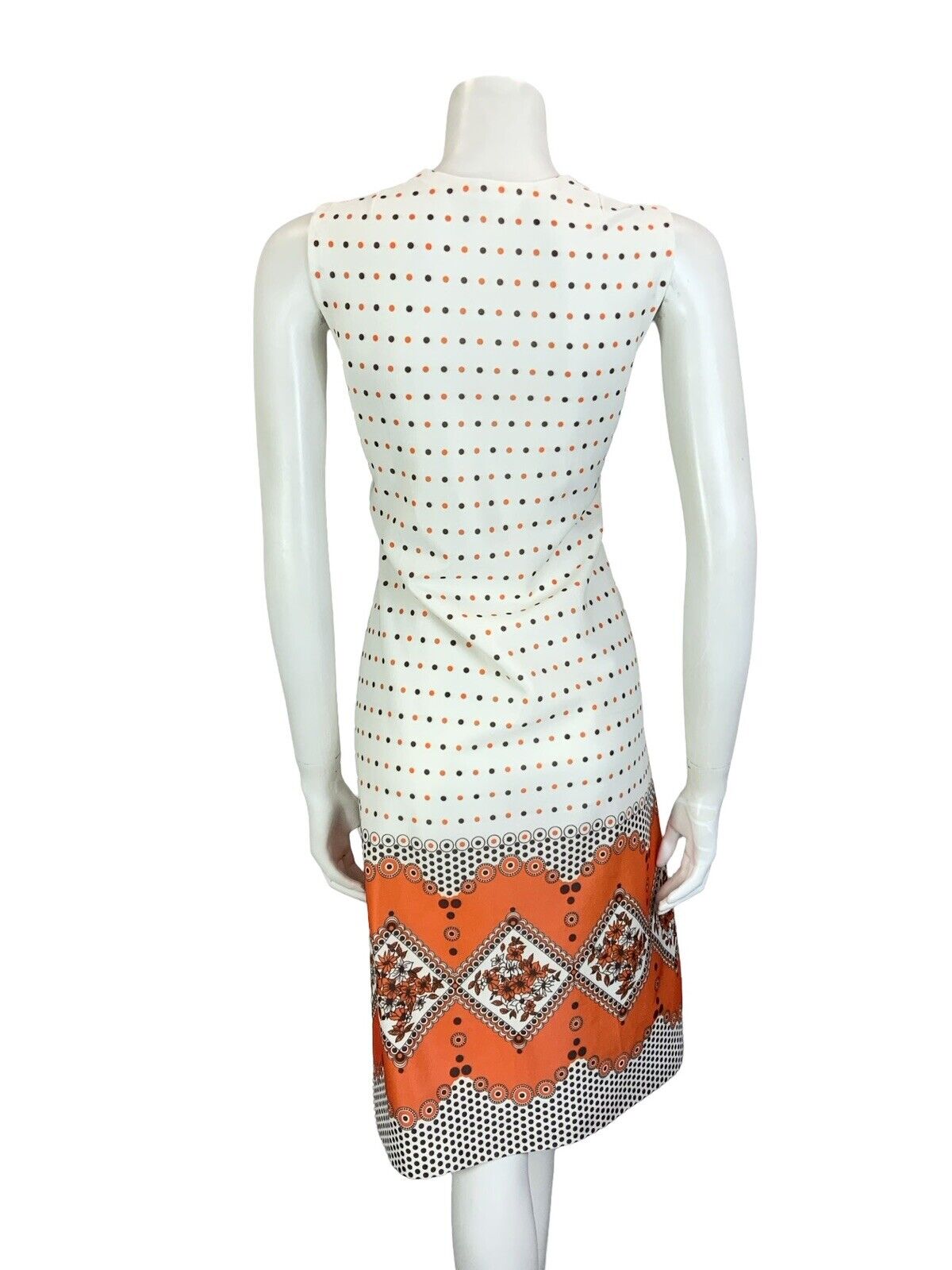 VTG 60S 70S WHITE ORANGE BROWN GEOMETRIC POLKA DOT FLORAL V NECK MIDI DRESS 12