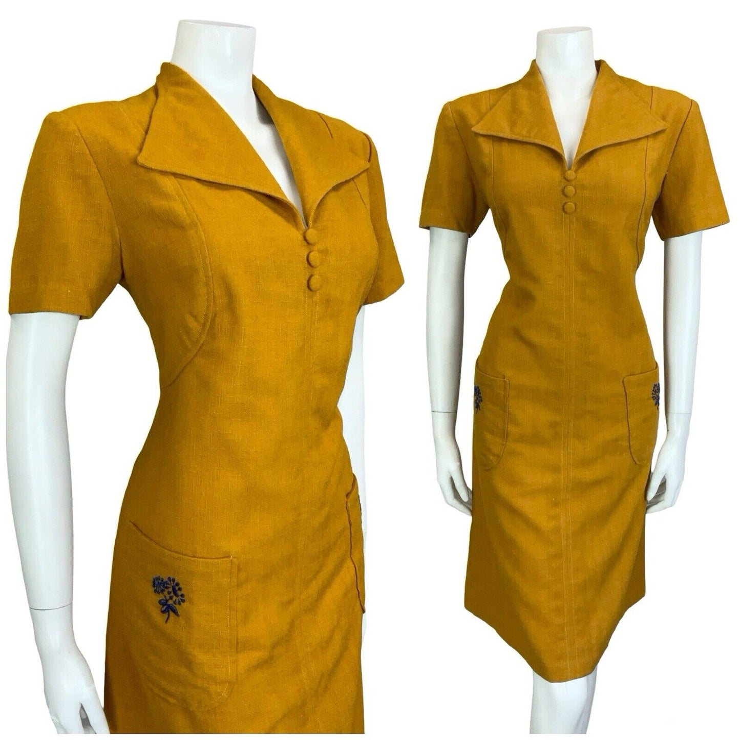 VTG BOHO HIPPY MUSTARD YELLOW NAVY BLUE WING LAPEL MINI DRESS W/ POCKETS 10