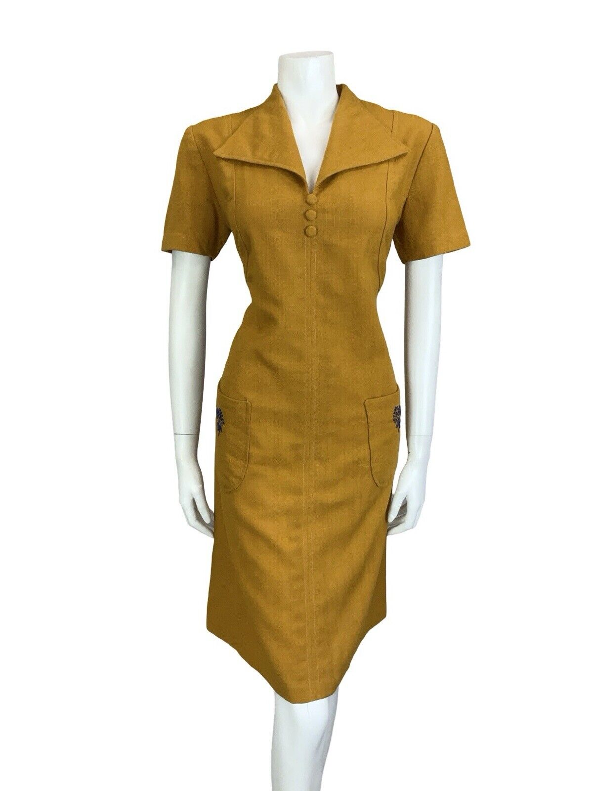 VTG BOHO HIPPY MUSTARD YELLOW NAVY BLUE WING LAPEL MINI DRESS W/ POCKETS 10