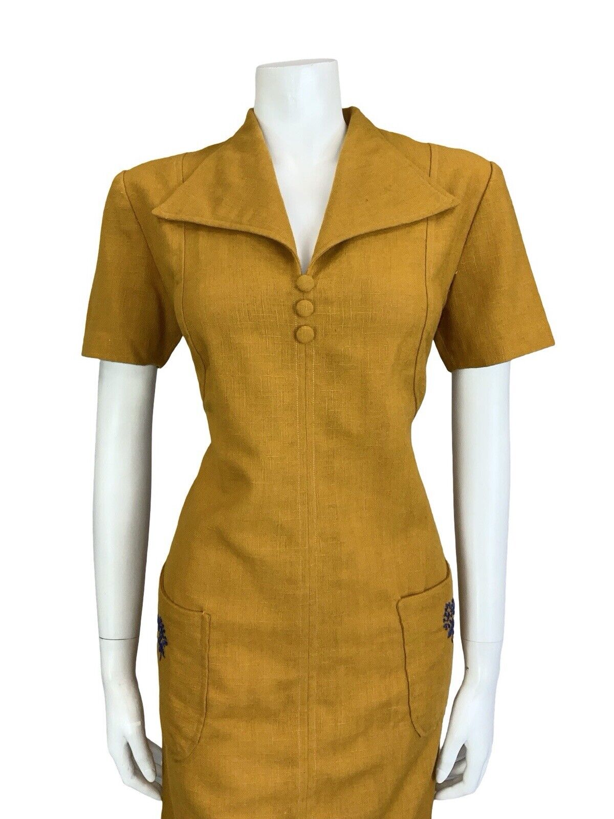 VTG BOHO HIPPY MUSTARD YELLOW NAVY BLUE WING LAPEL MINI DRESS W/ POCKETS 10
