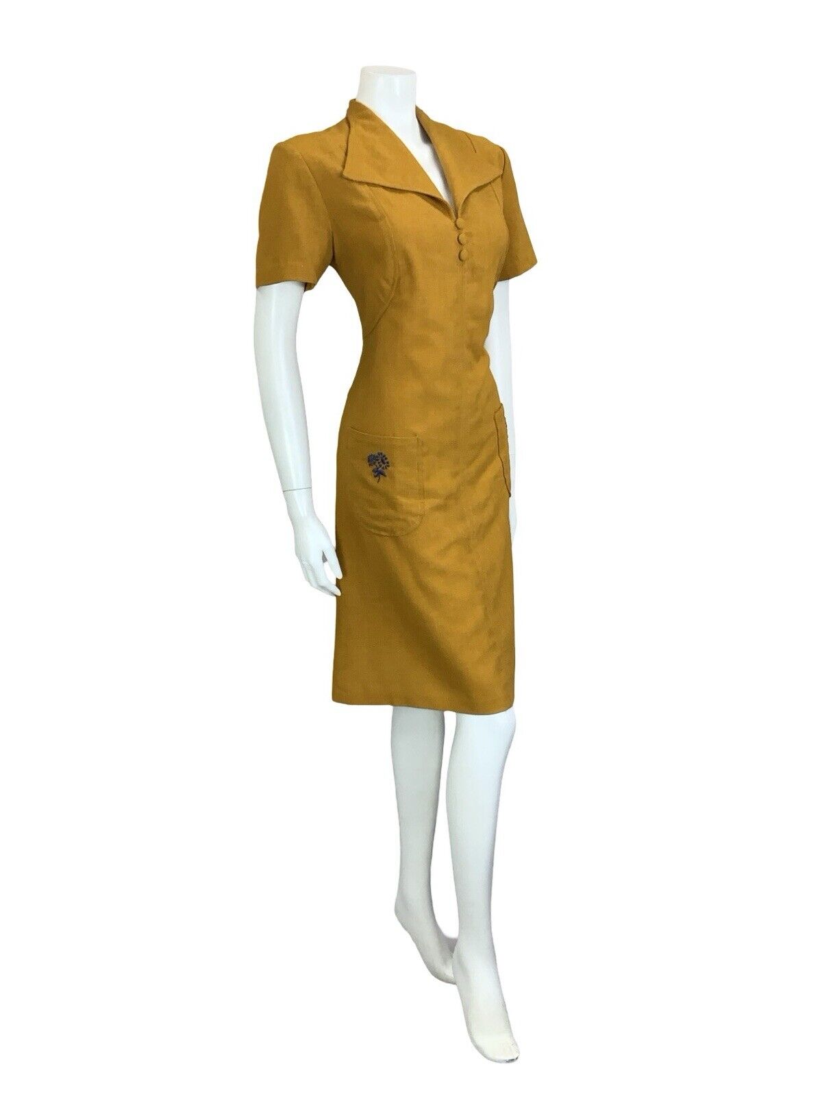 VTG BOHO HIPPY MUSTARD YELLOW NAVY BLUE WING LAPEL MINI DRESS W/ POCKETS 10
