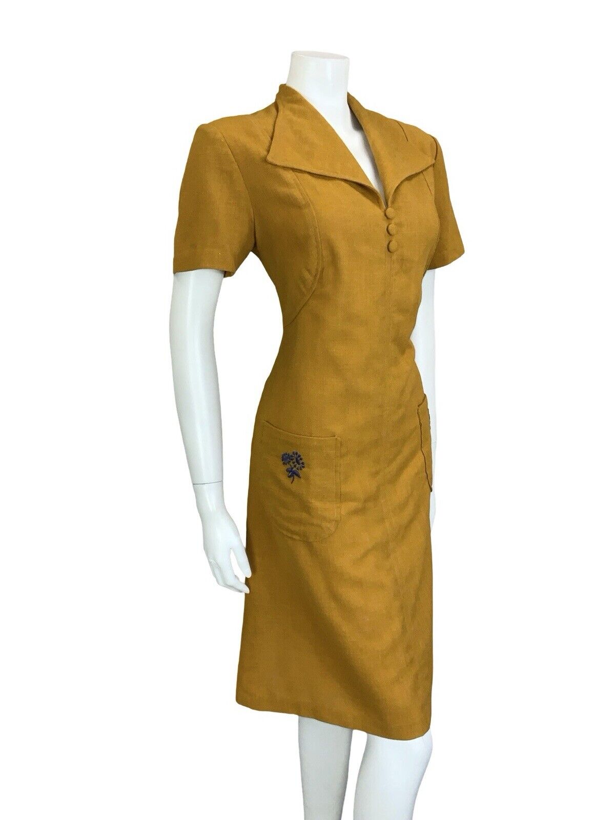 VTG BOHO HIPPY MUSTARD YELLOW NAVY BLUE WING LAPEL MINI DRESS W/ POCKETS 10