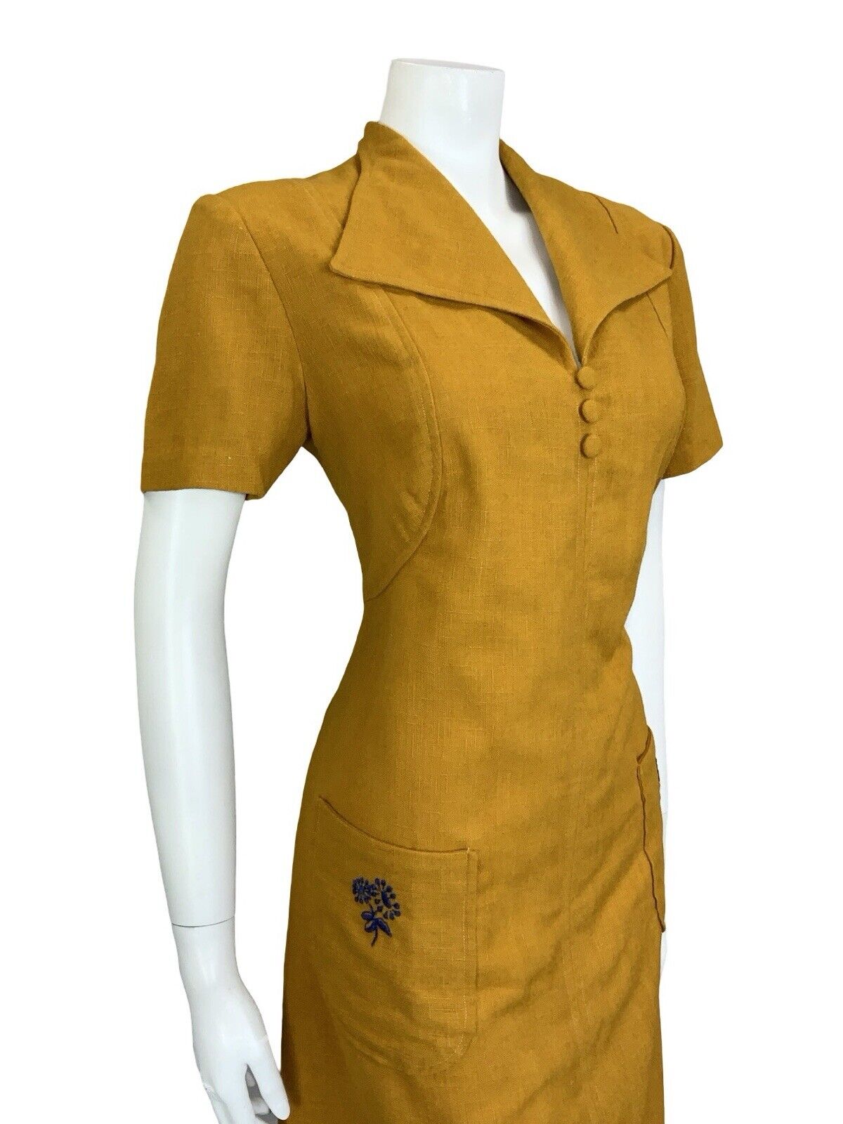 VTG BOHO HIPPY MUSTARD YELLOW NAVY BLUE WING LAPEL MINI DRESS W/ POCKETS 10