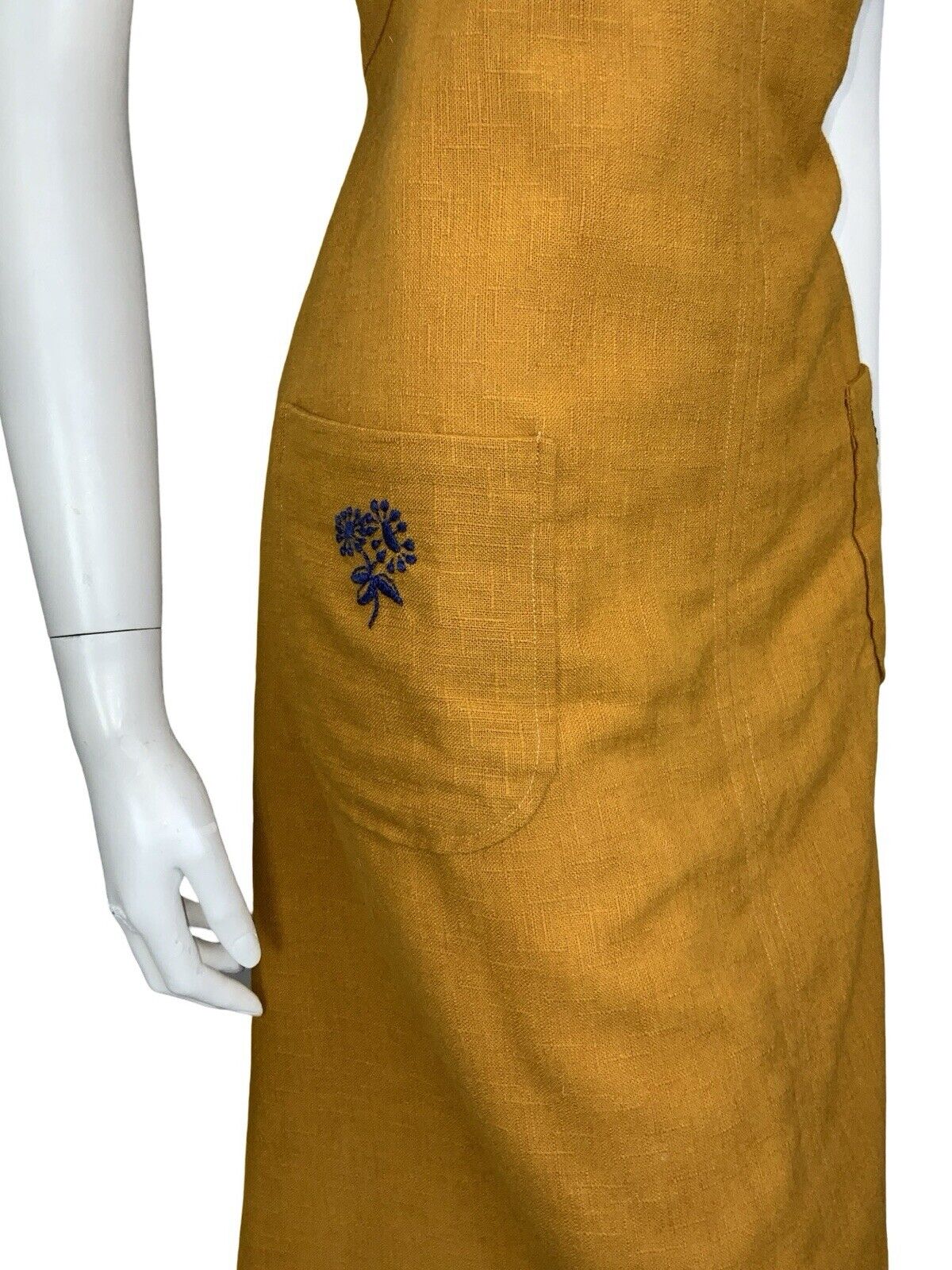 VTG BOHO HIPPY MUSTARD YELLOW NAVY BLUE WING LAPEL MINI DRESS W/ POCKETS 10