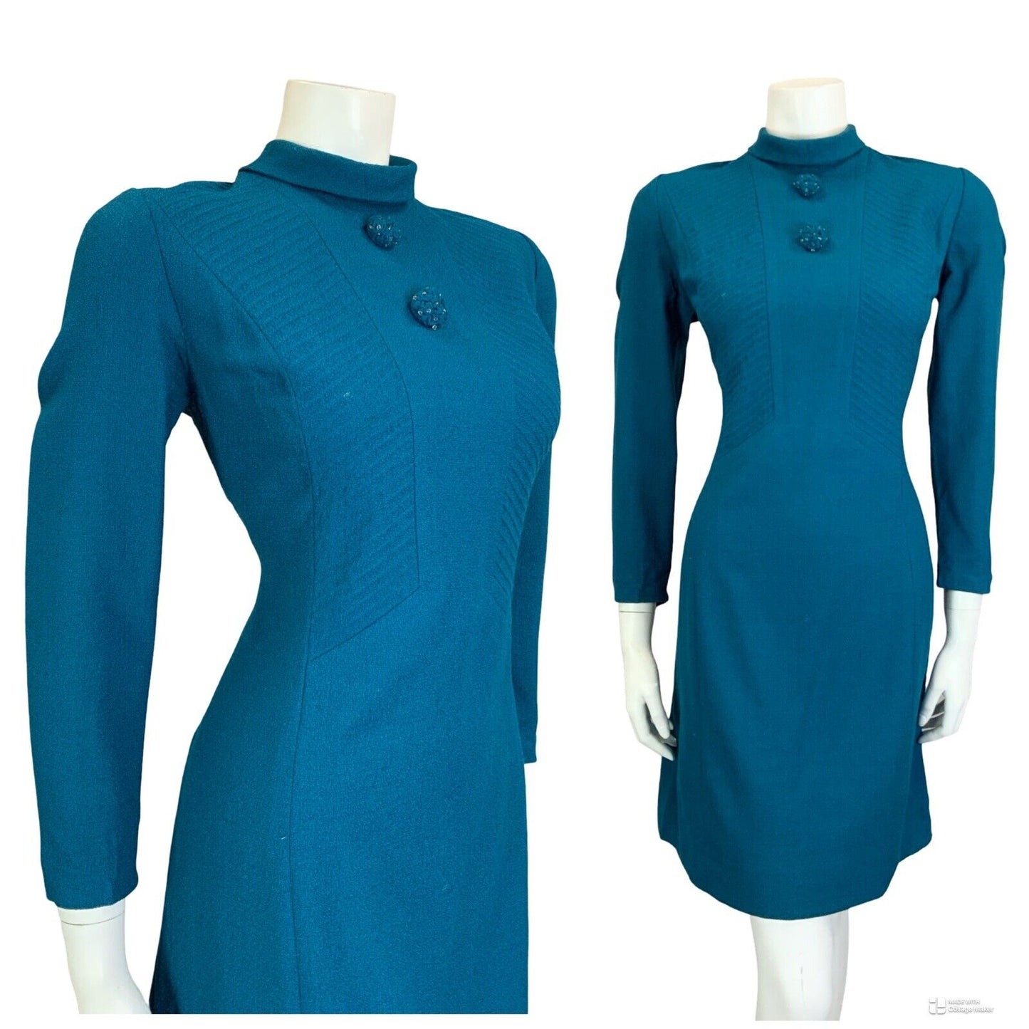 VTG 60S TEAL BLUE WOOL TEXTURED TAILORED CLEAR BEADED MOD GOGO SHIFT DRESS 12