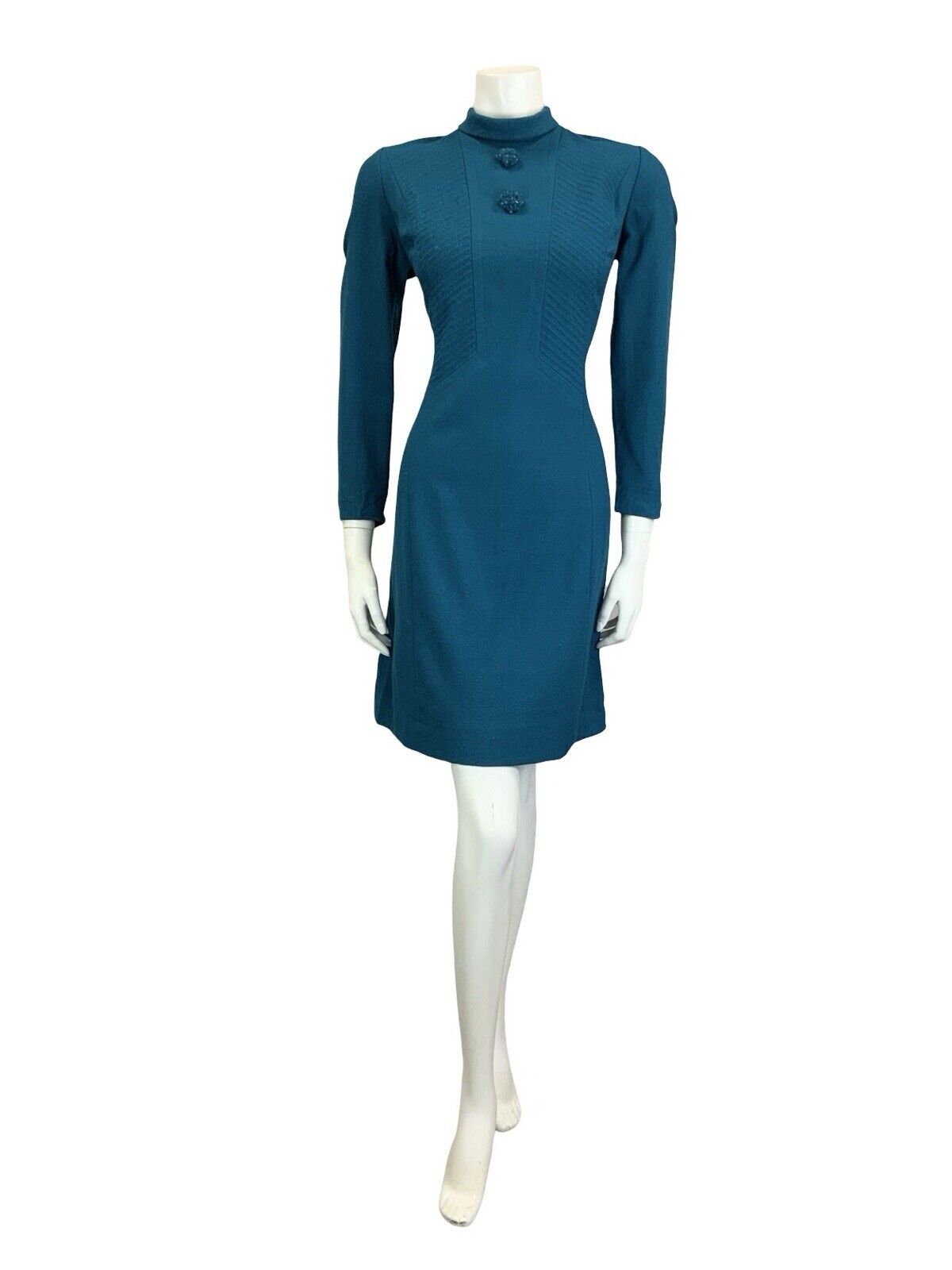 VTG 60S TEAL BLUE WOOL TEXTURED TAILORED CLEAR BEADED MOD GOGO SHIFT DRESS 12
