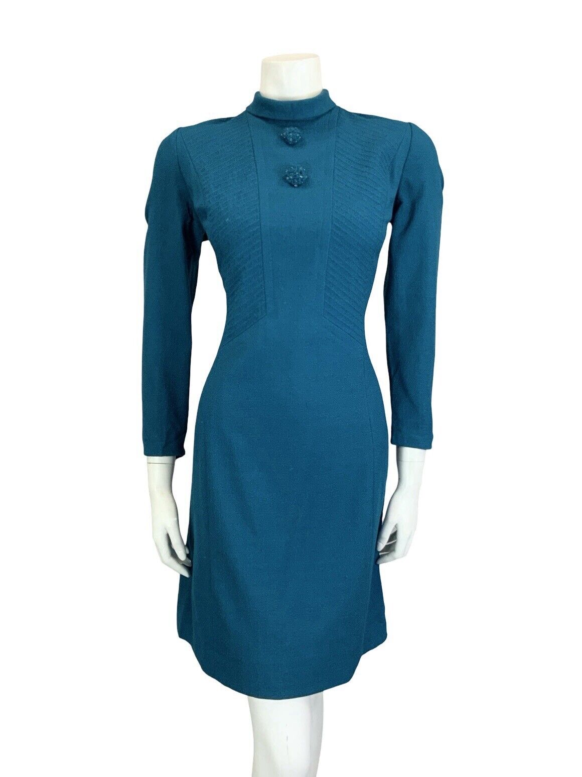 VTG 60S TEAL BLUE WOOL TEXTURED TAILORED CLEAR BEADED MOD GOGO SHIFT DRESS 12