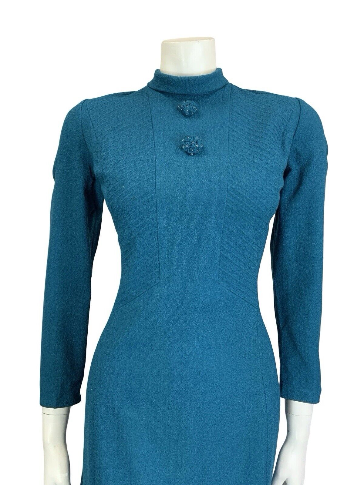 VTG 60S TEAL BLUE WOOL TEXTURED TAILORED CLEAR BEADED MOD GOGO SHIFT DRESS 12
