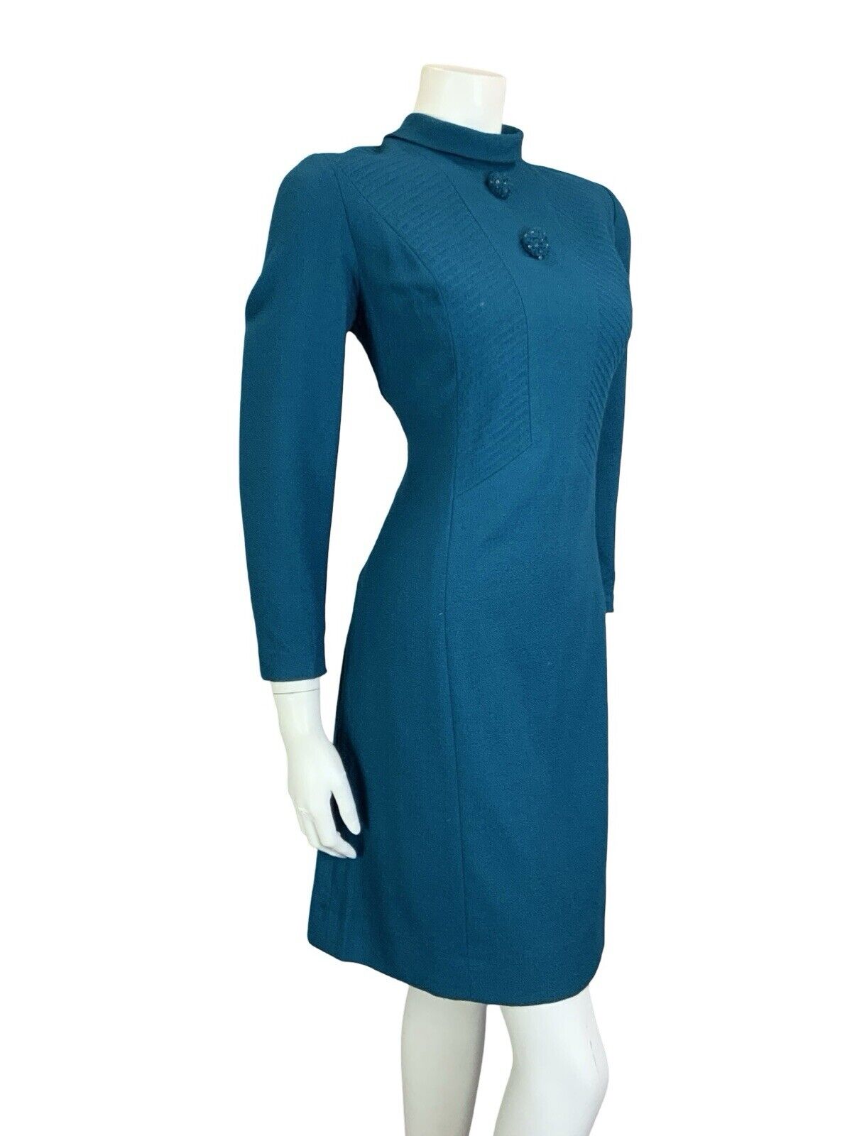 VTG 60S TEAL BLUE WOOL TEXTURED TAILORED CLEAR BEADED MOD GOGO SHIFT DRESS 12