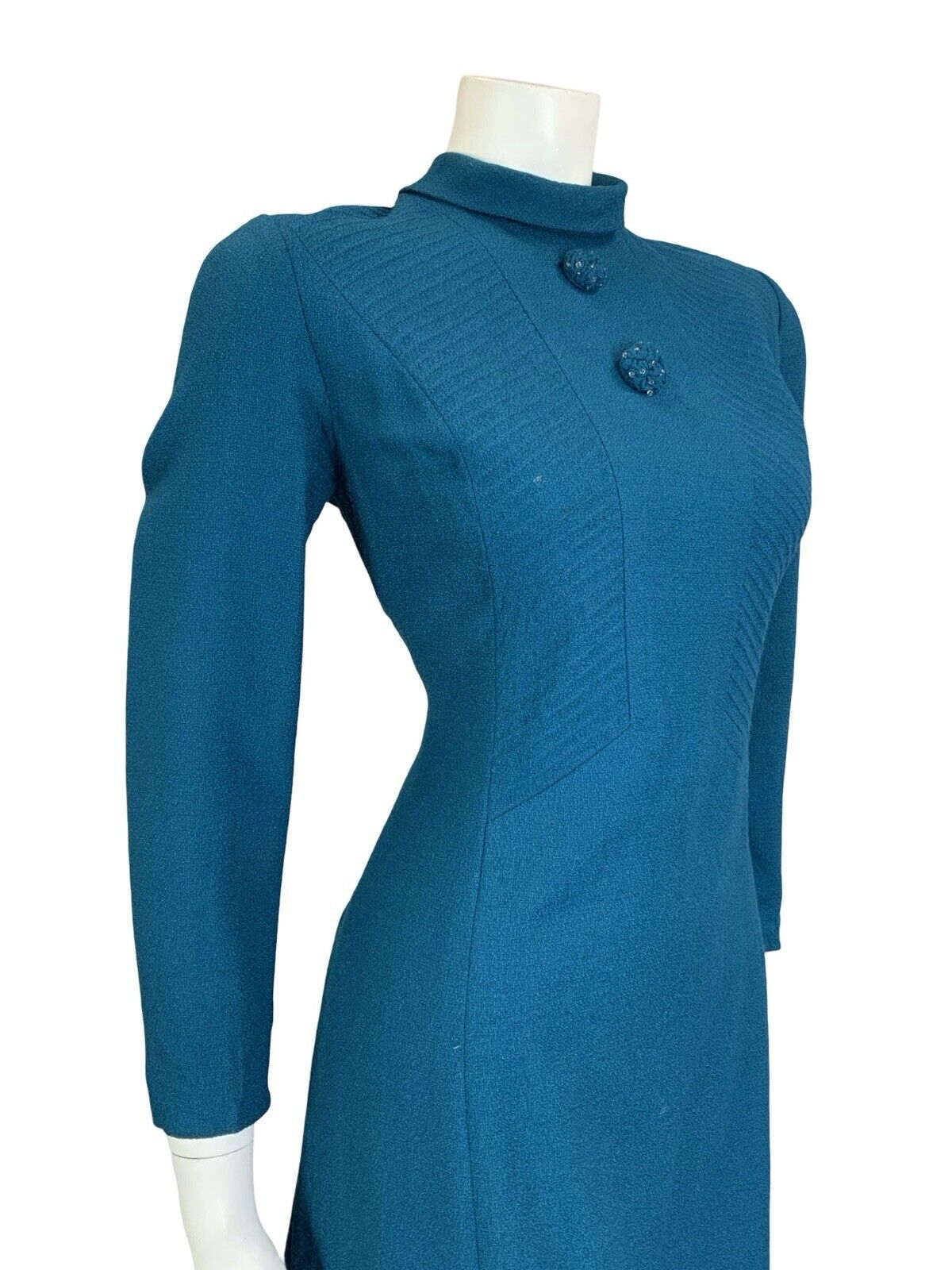 VTG 60S TEAL BLUE WOOL TEXTURED TAILORED CLEAR BEADED MOD GOGO SHIFT DRESS 12