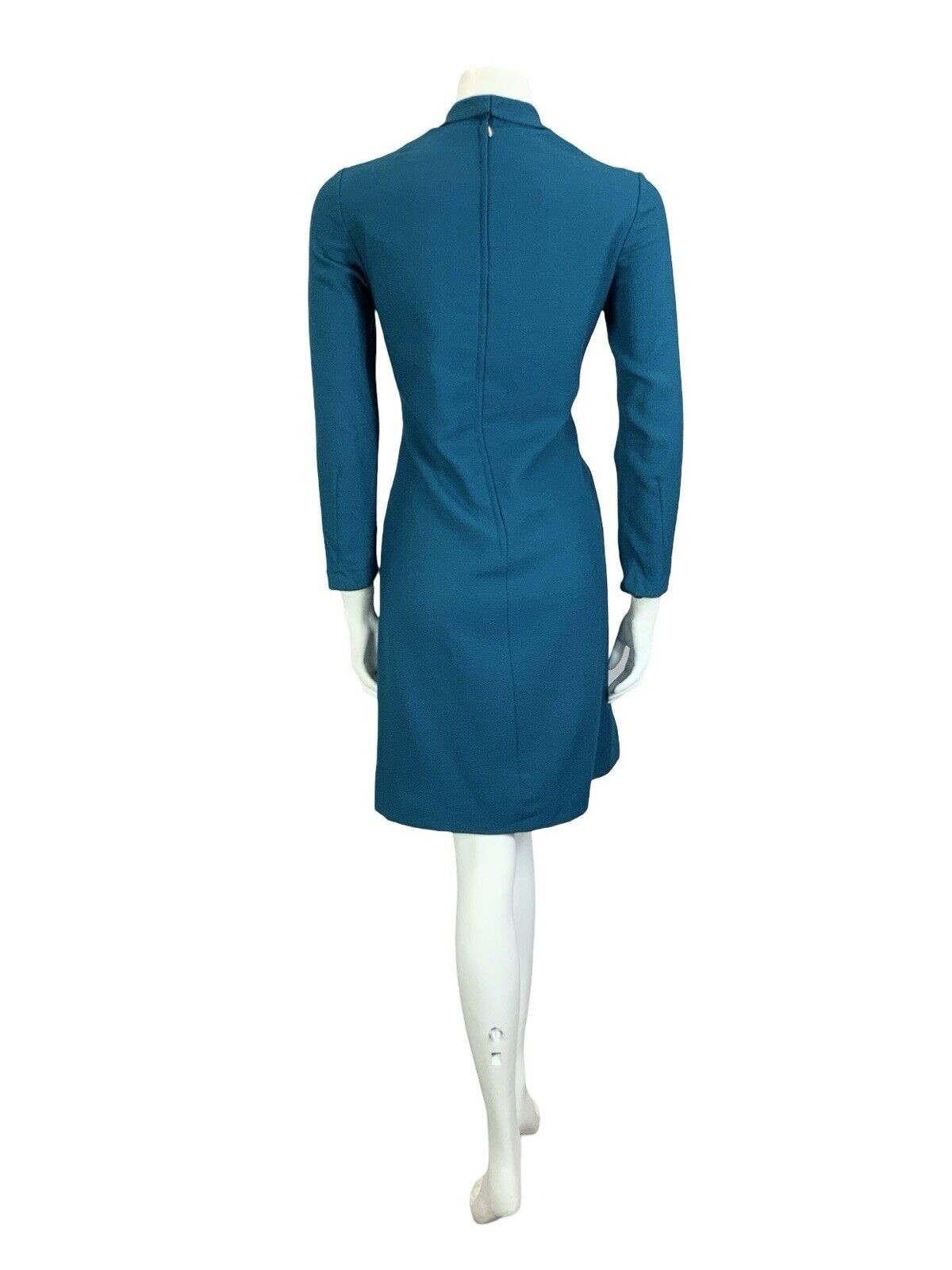 VTG 60S TEAL BLUE WOOL TEXTURED TAILORED CLEAR BEADED MOD GOGO SHIFT DRESS 12