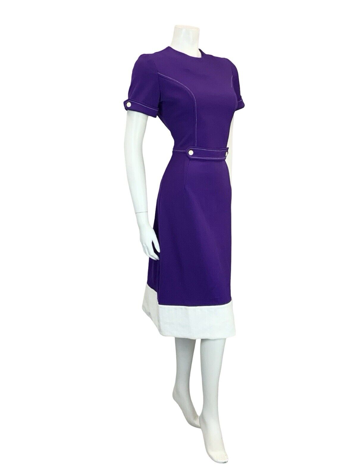VTG 60S 70S PURPLE WHITE MOD BLOCK COLOUR CONTRAST STITCH MIDI DRESS 8 10 S