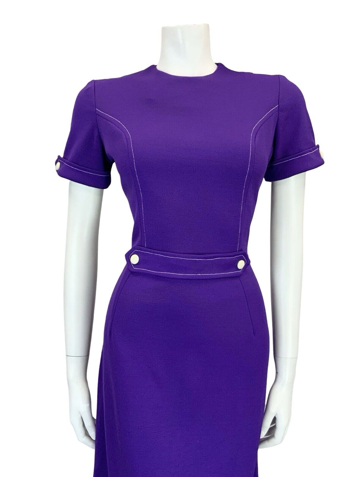 VTG 60S 70S PURPLE WHITE MOD BLOCK COLOUR CONTRAST STITCH MIDI DRESS 8 10 S