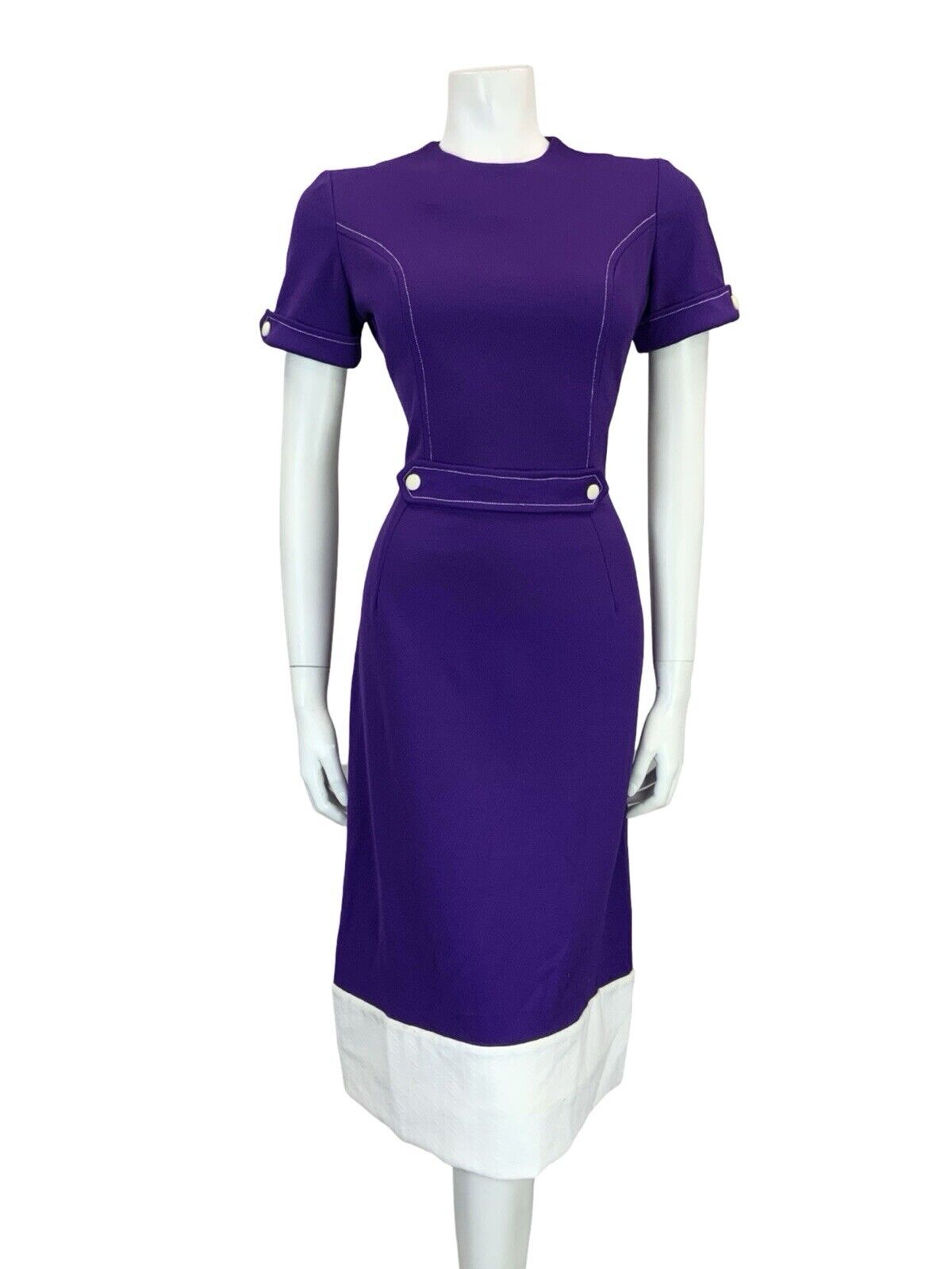 VTG 60S 70S PURPLE WHITE MOD BLOCK COLOUR CONTRAST STITCH MIDI DRESS 8 10 S
