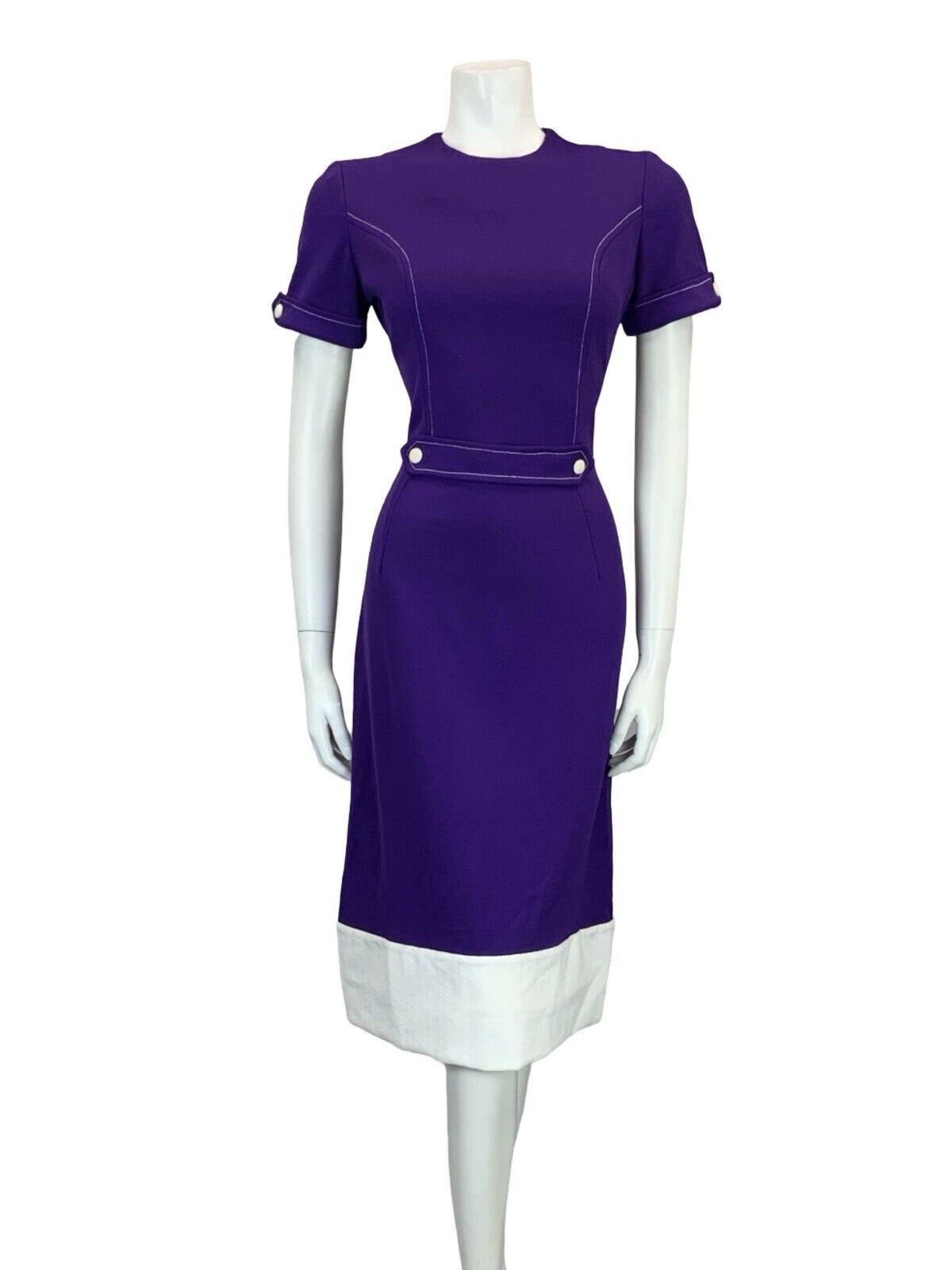 VTG 60S 70S PURPLE WHITE MOD BLOCK COLOUR CONTRAST STITCH MIDI DRESS 8 10 S