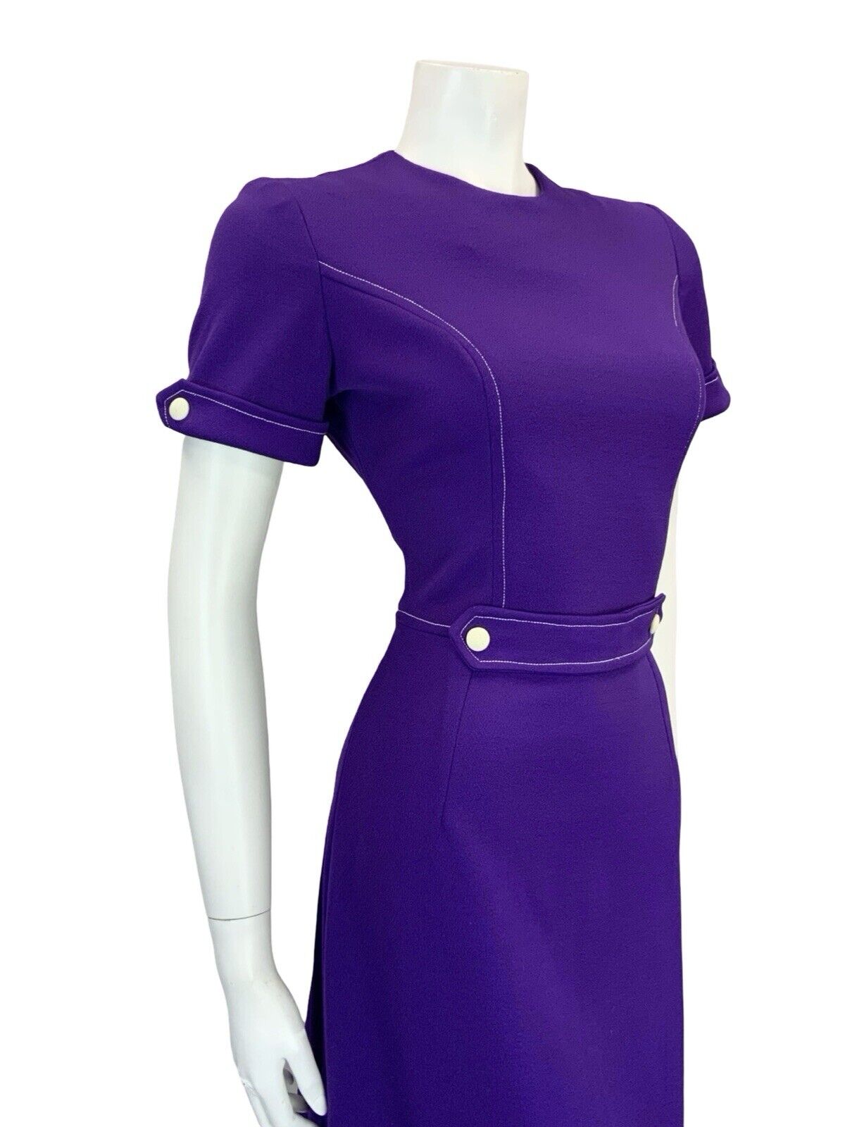 VTG 60S 70S PURPLE WHITE MOD BLOCK COLOUR CONTRAST STITCH MIDI DRESS 8 10 S