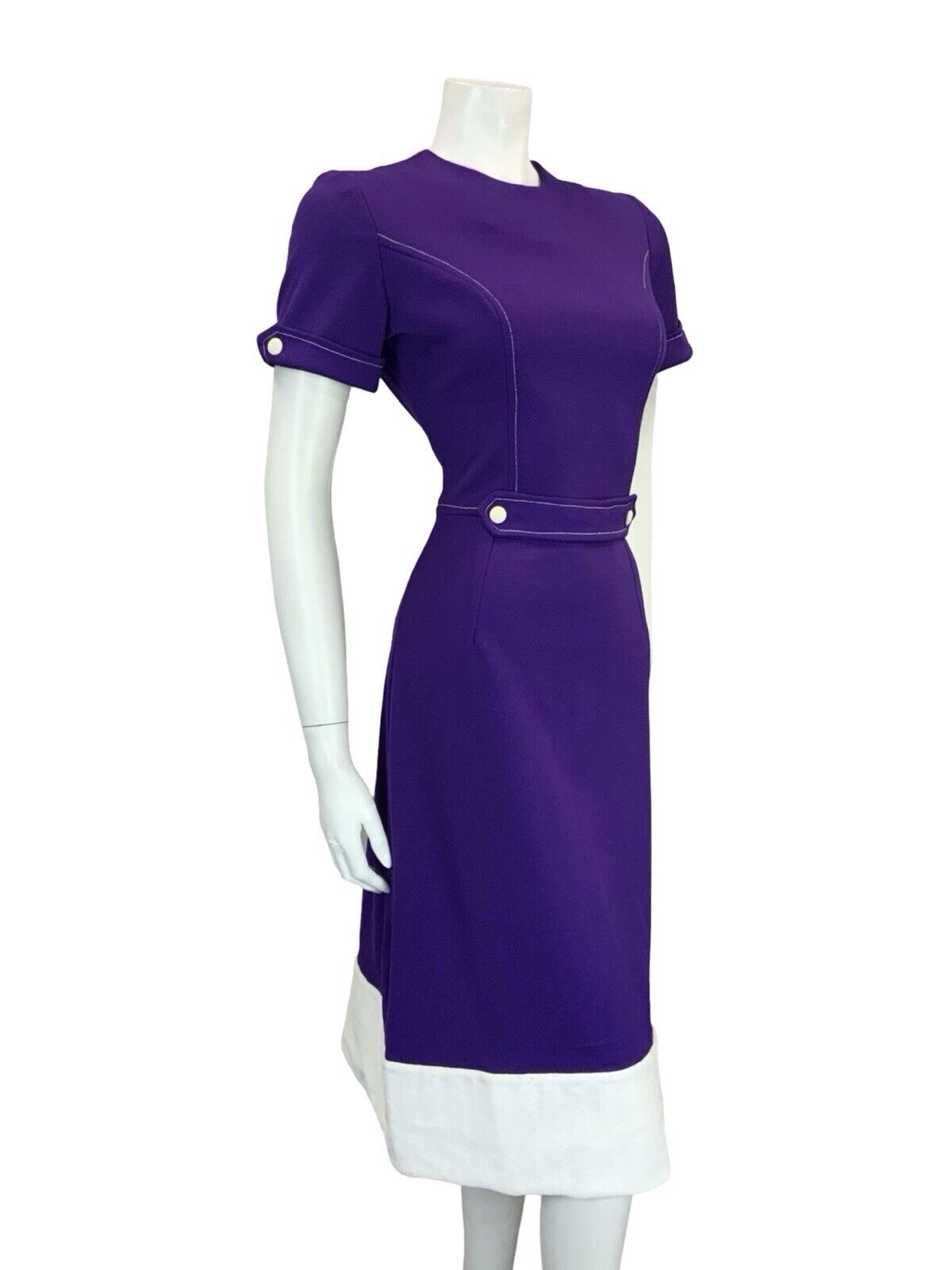 VTG 60S 70S PURPLE WHITE MOD BLOCK COLOUR CONTRAST STITCH MIDI DRESS 8 10 S