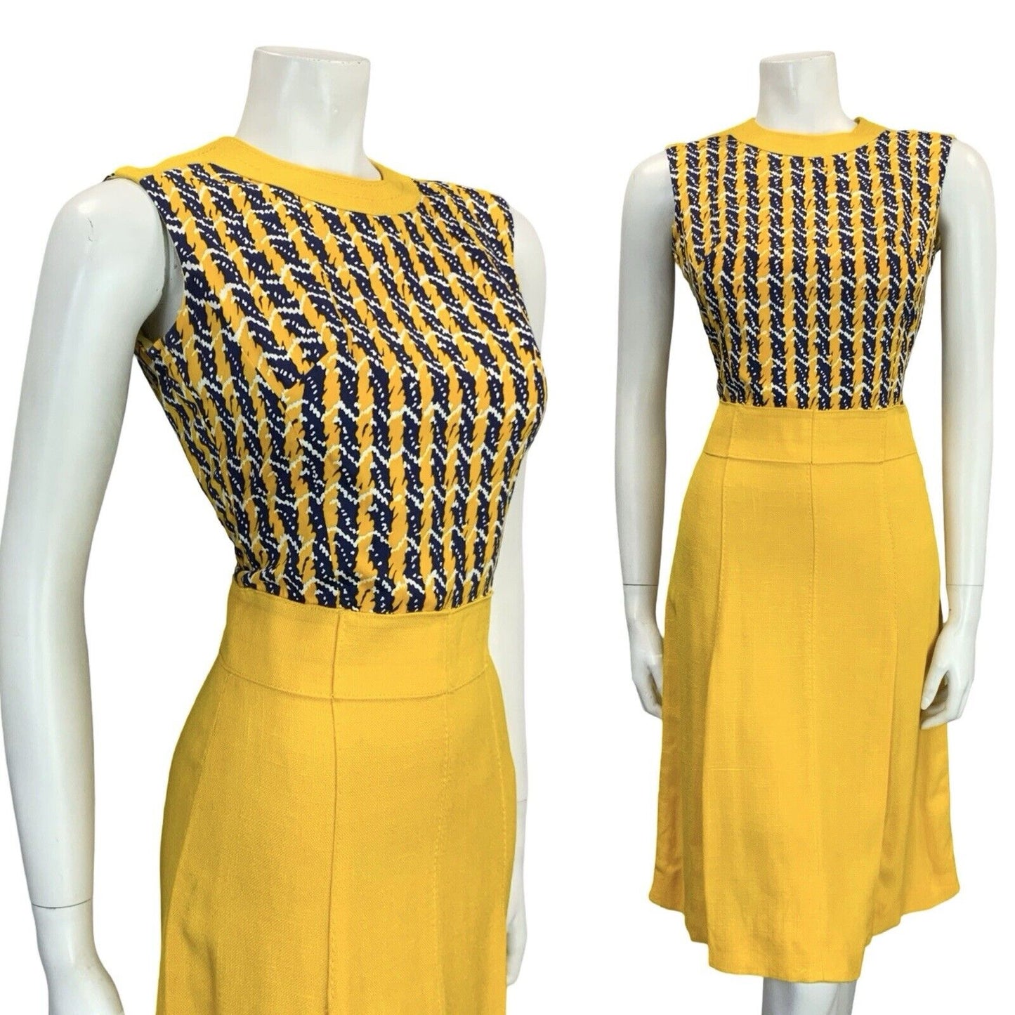 VTG 60S YELLOW BLUE WHITE STRIPE GEOMETRIC MOD SCOOTER PLEATED MIDI DRESS 8