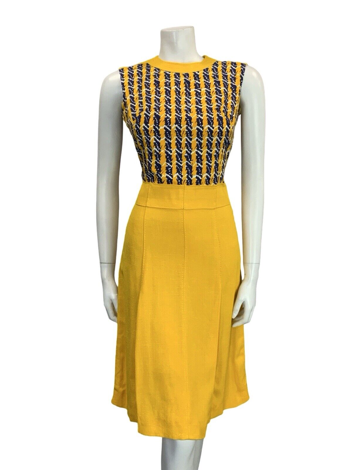 VTG 60S YELLOW BLUE WHITE STRIPE GEOMETRIC MOD SCOOTER PLEATED MIDI DRESS 8