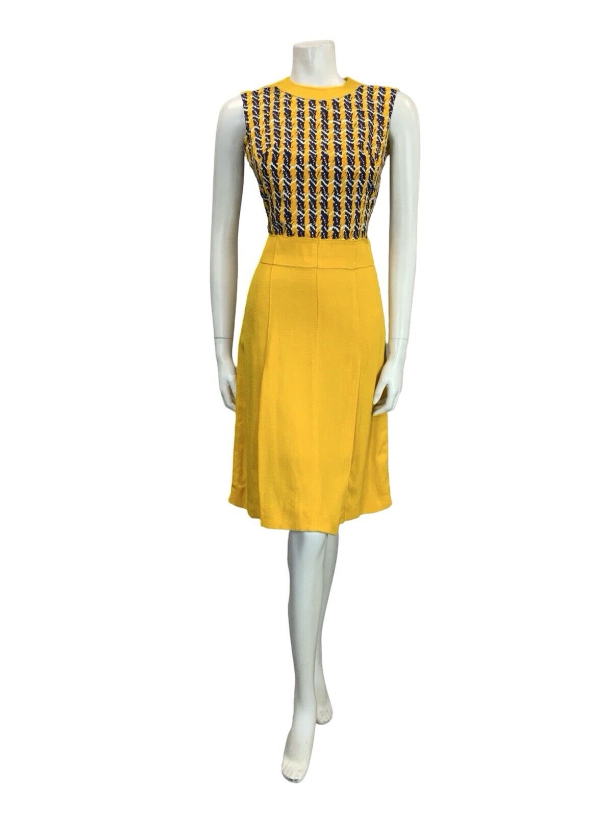 VTG 60S YELLOW BLUE WHITE STRIPE GEOMETRIC MOD SCOOTER PLEATED MIDI DRESS 8