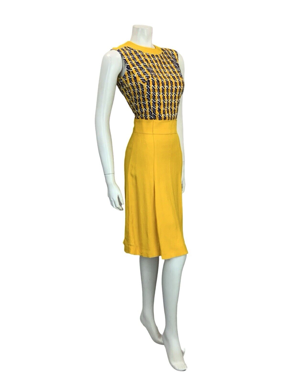 VTG 60S YELLOW BLUE WHITE STRIPE GEOMETRIC MOD SCOOTER PLEATED MIDI DRESS 8