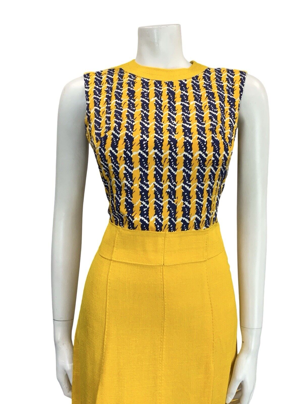 VTG 60S YELLOW BLUE WHITE STRIPE GEOMETRIC MOD SCOOTER PLEATED MIDI DRESS 8