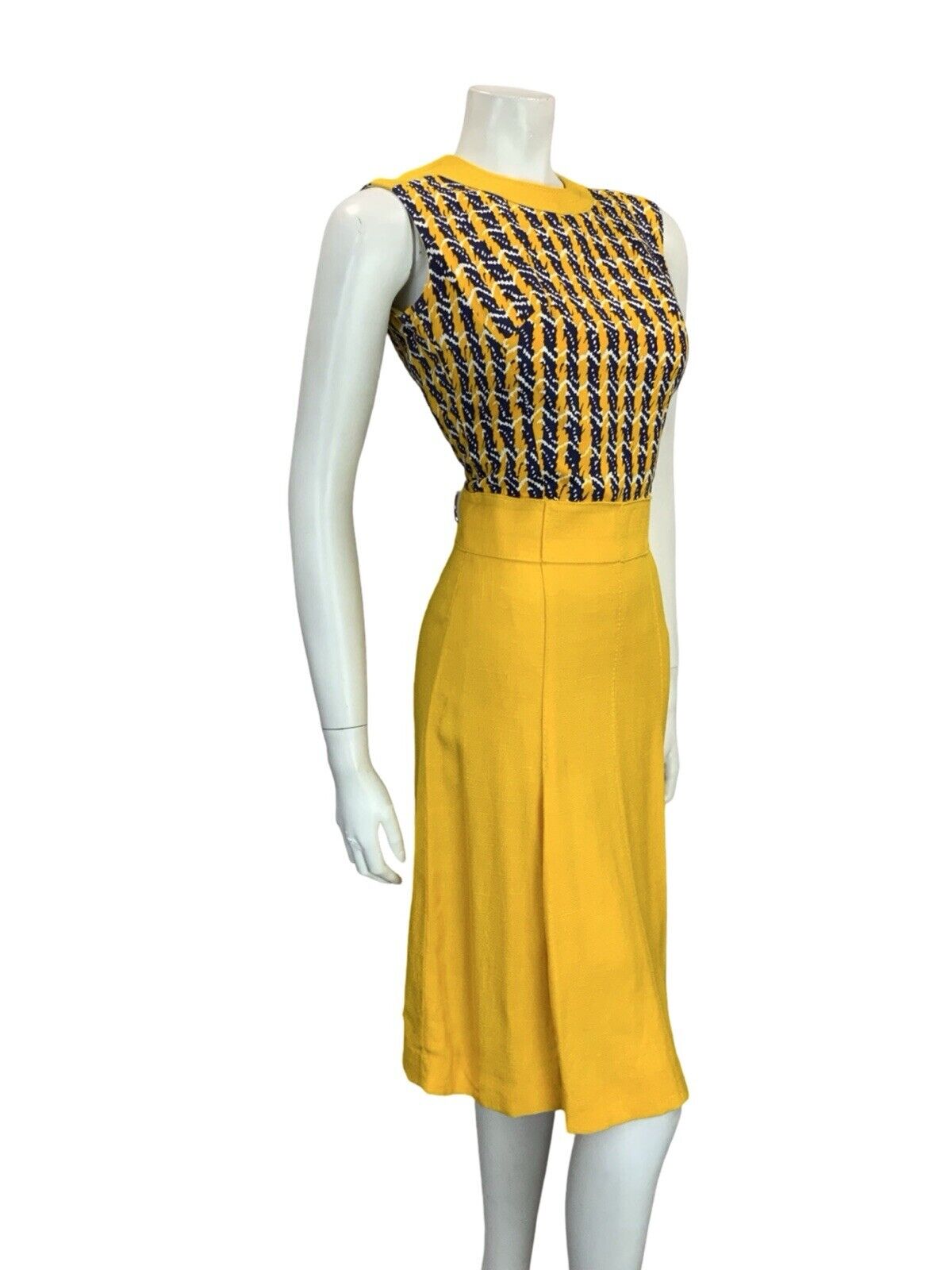 VTG 60S YELLOW BLUE WHITE STRIPE GEOMETRIC MOD SCOOTER PLEATED MIDI DRESS 8
