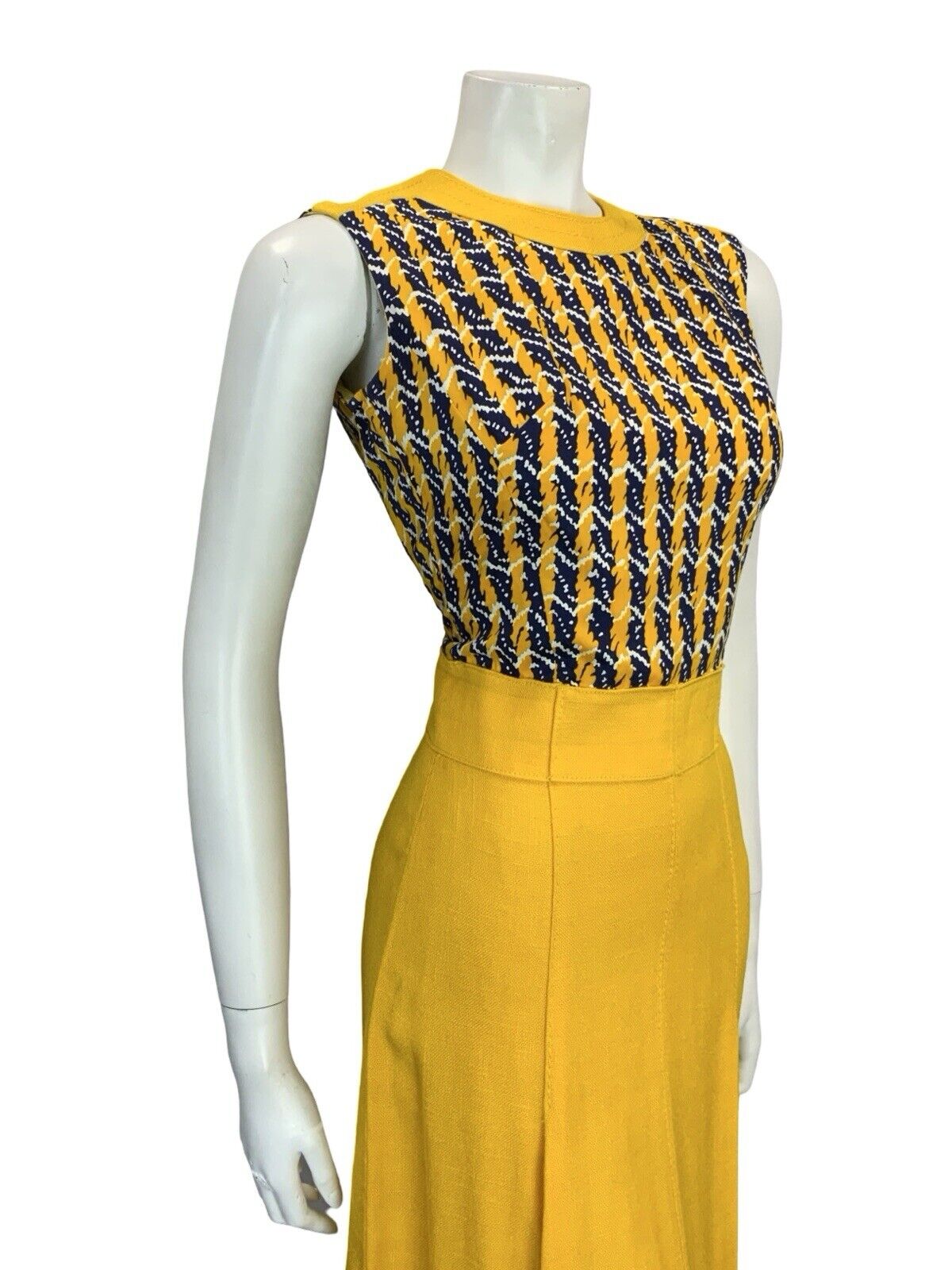 VTG 60S YELLOW BLUE WHITE STRIPE GEOMETRIC MOD SCOOTER PLEATED MIDI DRESS 8
