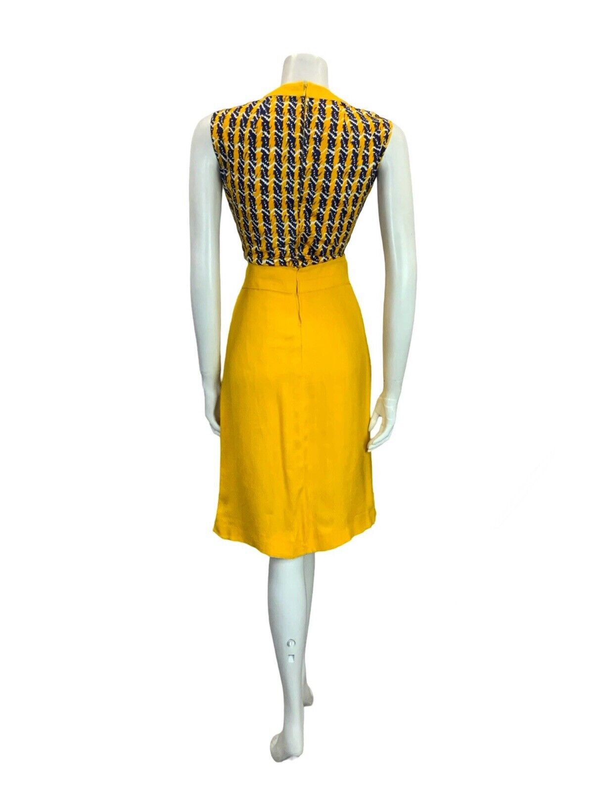 VTG 60S YELLOW BLUE WHITE STRIPE GEOMETRIC MOD SCOOTER PLEATED MIDI DRESS 8