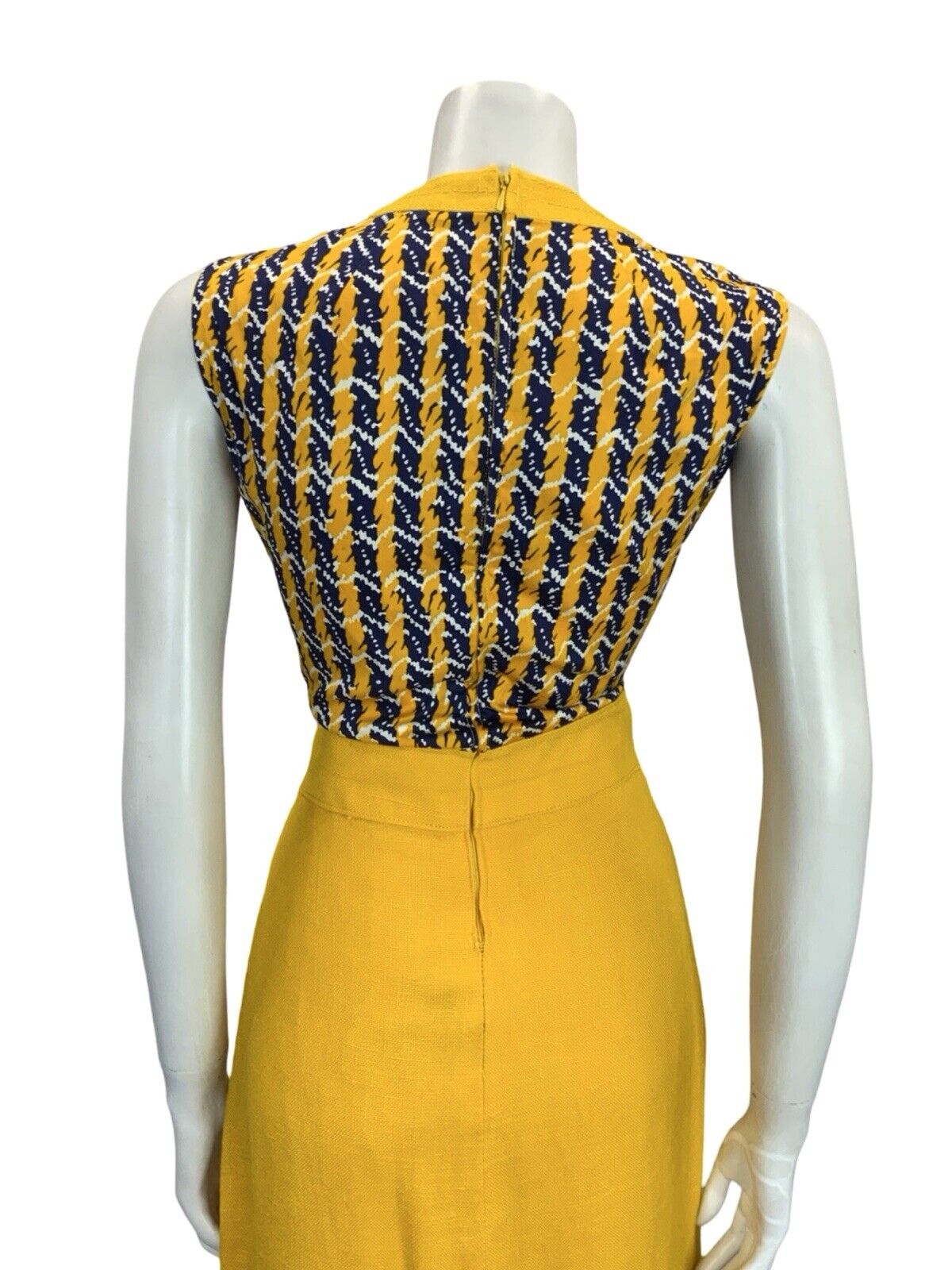 VTG 60S YELLOW BLUE WHITE STRIPE GEOMETRIC MOD SCOOTER PLEATED MIDI DRESS 8