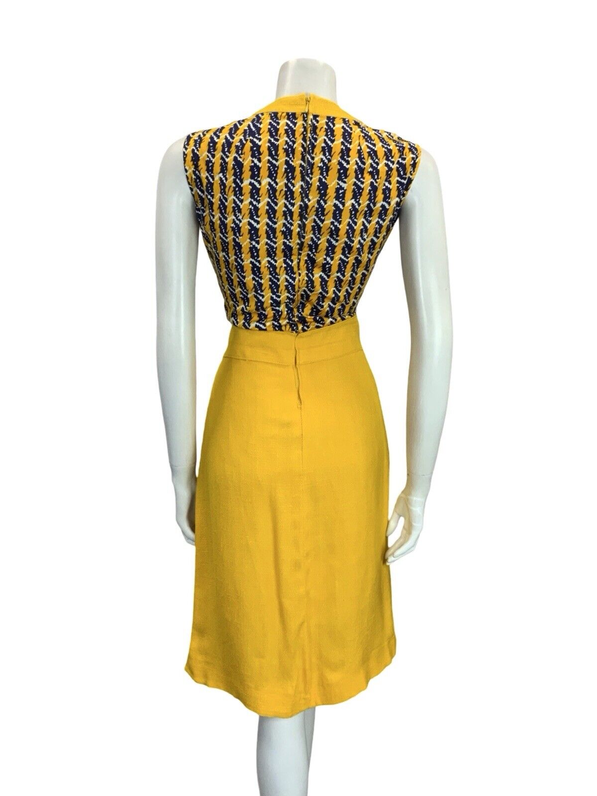 VTG 60S YELLOW BLUE WHITE STRIPE GEOMETRIC MOD SCOOTER PLEATED MIDI DRESS 8