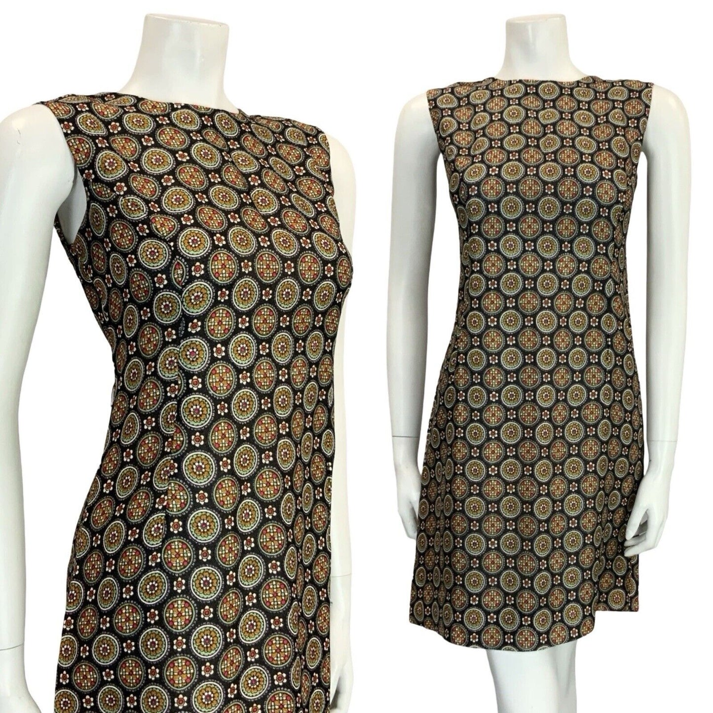 VTG 60S BLACK WHITE RED YELLOW GEOMETRIC TILED FLORAL MOD SHIFT WIGGLE DRESS 10