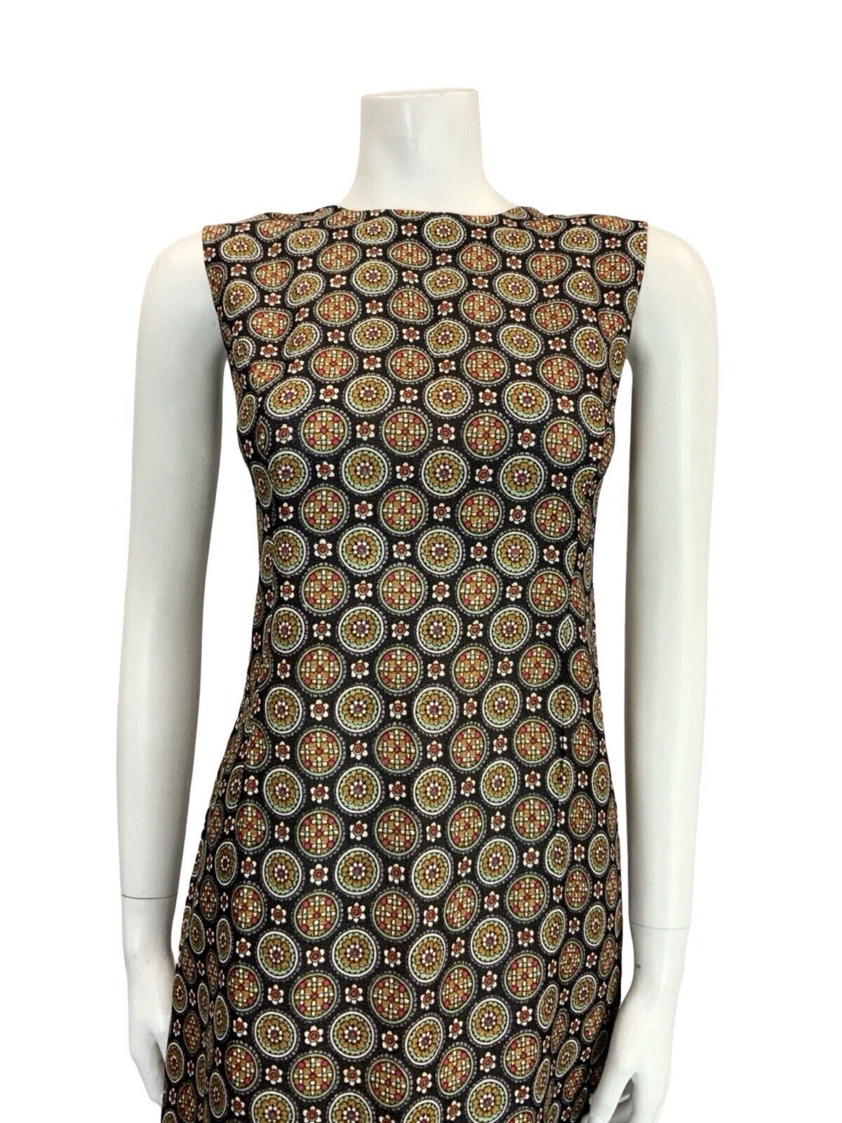 VTG 60S BLACK WHITE RED YELLOW GEOMETRIC TILED FLORAL MOD SHIFT WIGGLE DRESS 10
