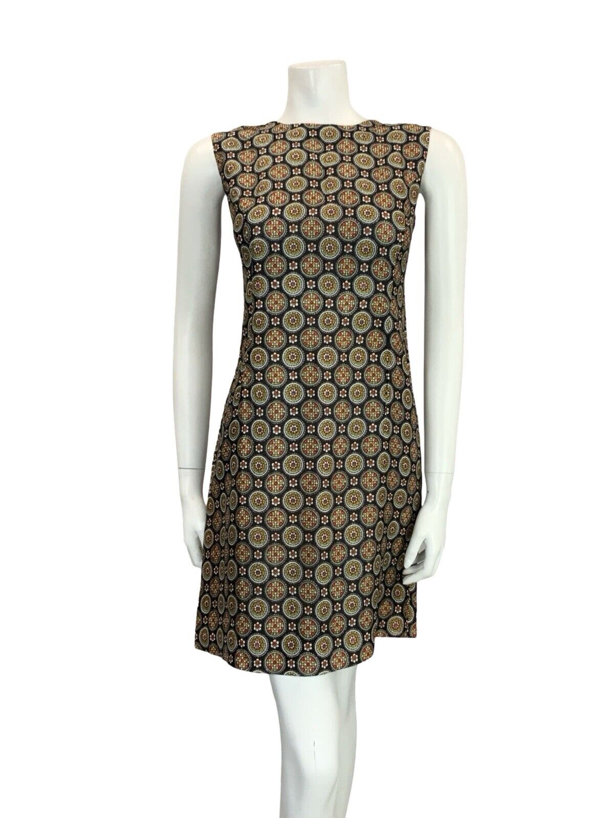 VTG 60S BLACK WHITE RED YELLOW GEOMETRIC TILED FLORAL MOD SHIFT WIGGLE DRESS 10