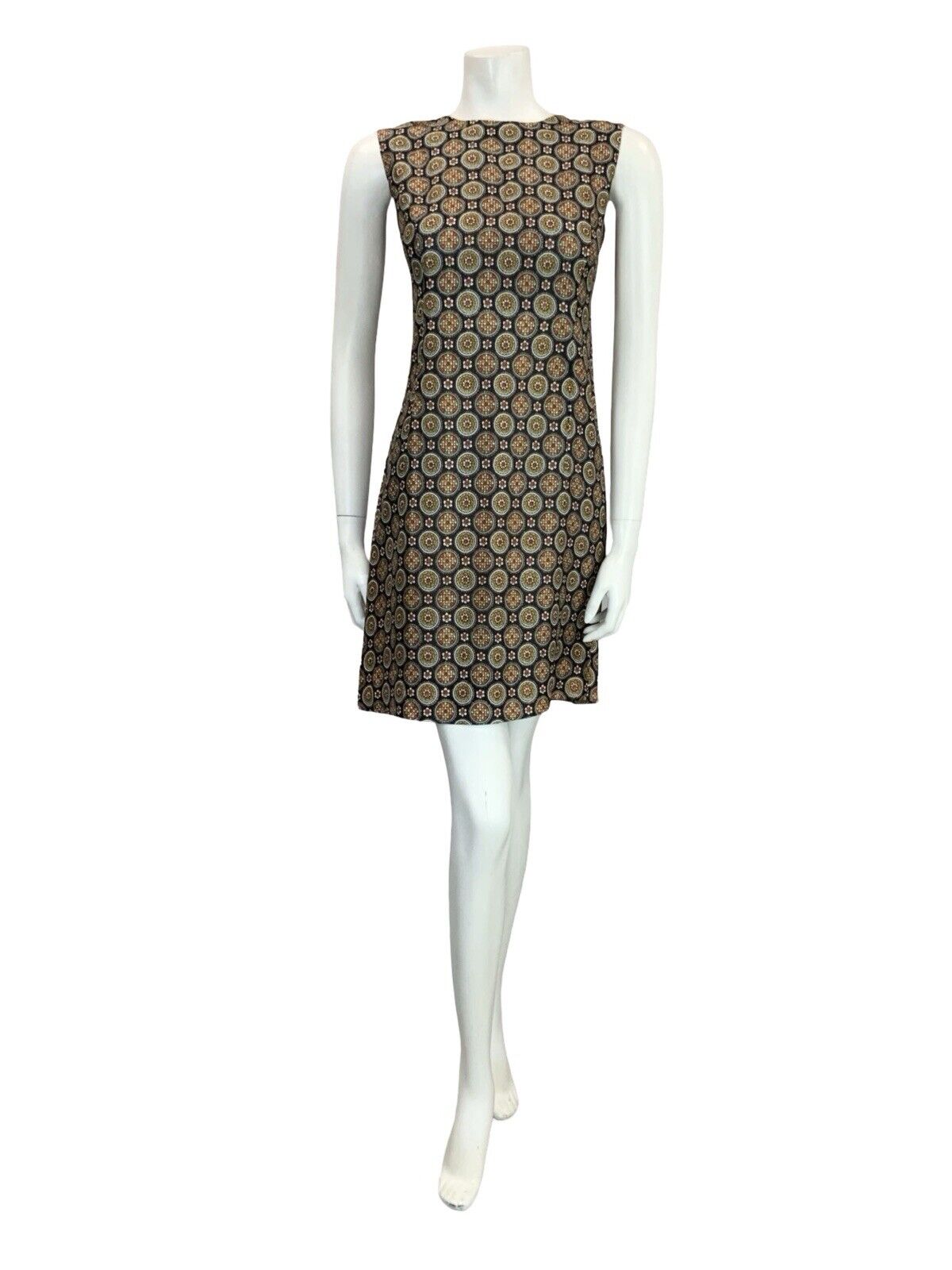 VTG 60S BLACK WHITE RED YELLOW GEOMETRIC TILED FLORAL MOD SHIFT WIGGLE DRESS 10
