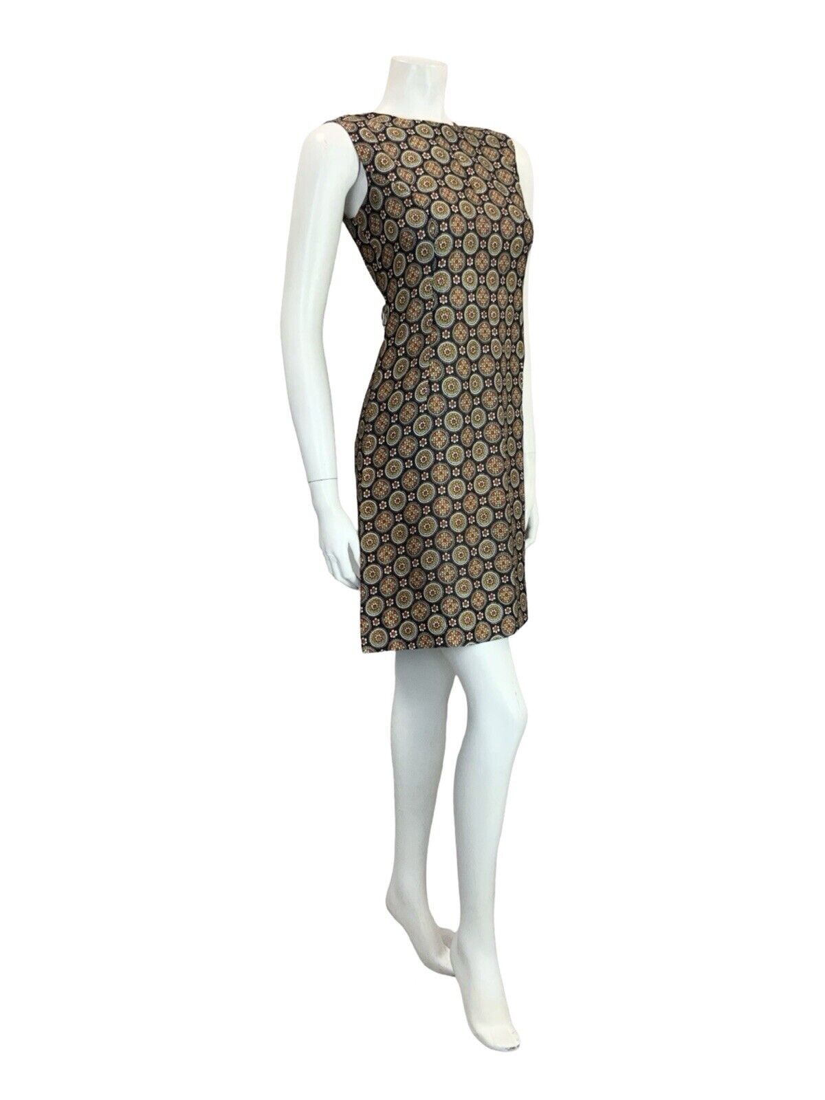 VTG 60S BLACK WHITE RED YELLOW GEOMETRIC TILED FLORAL MOD SHIFT WIGGLE DRESS 10