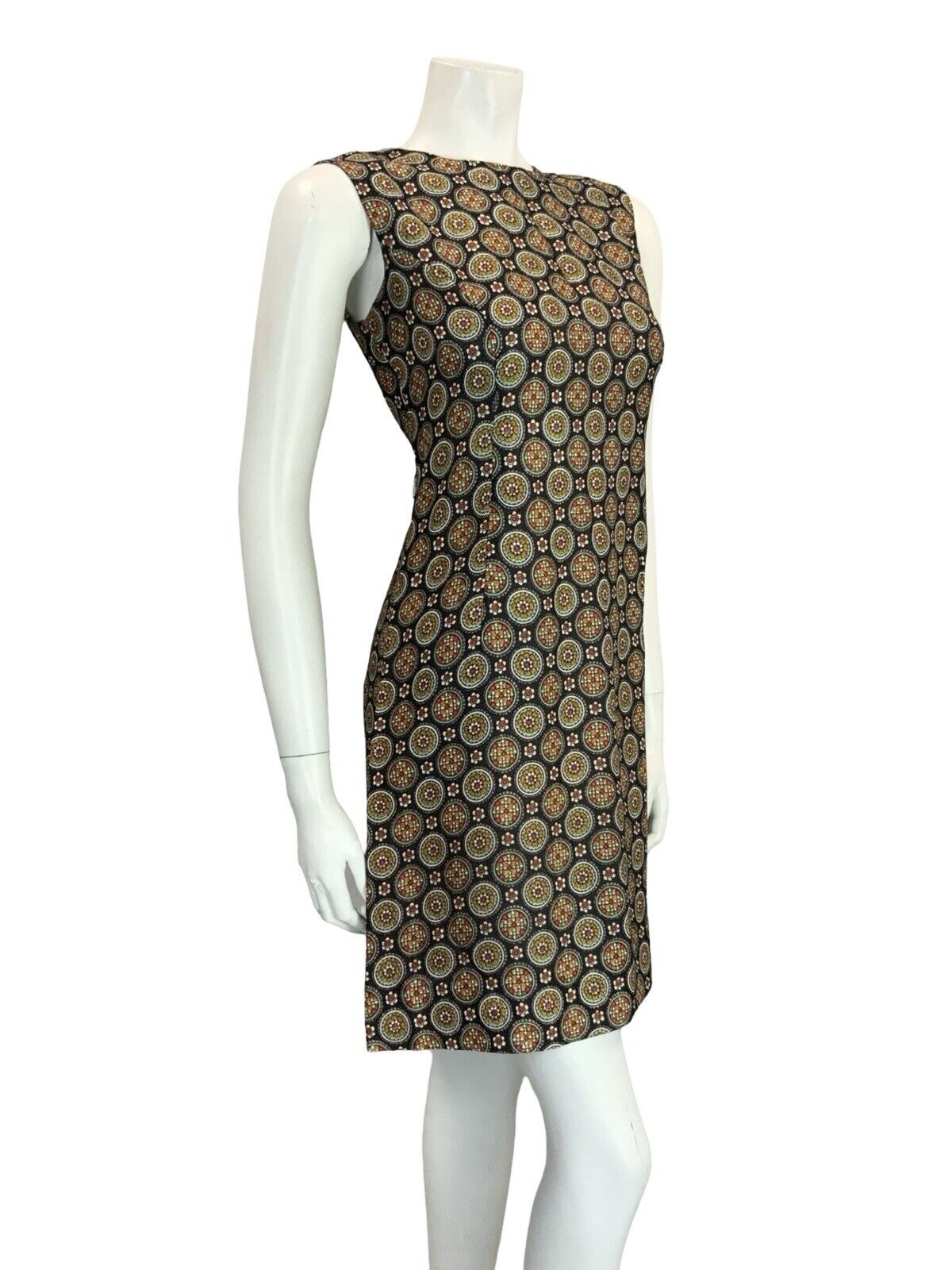 VTG 60S BLACK WHITE RED YELLOW GEOMETRIC TILED FLORAL MOD SHIFT WIGGLE DRESS 10