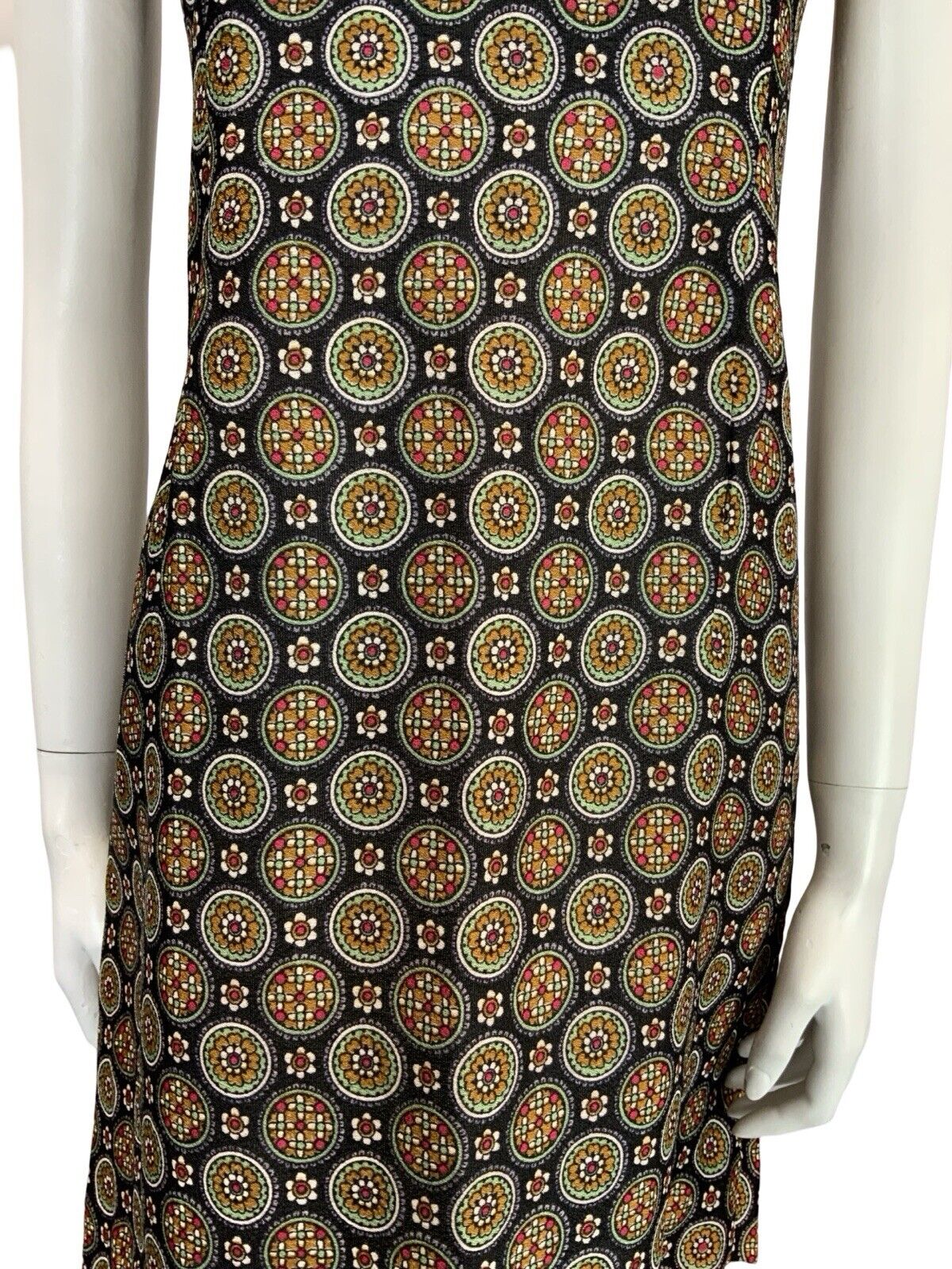 VTG 60S BLACK WHITE RED YELLOW GEOMETRIC TILED FLORAL MOD SHIFT WIGGLE DRESS 10
