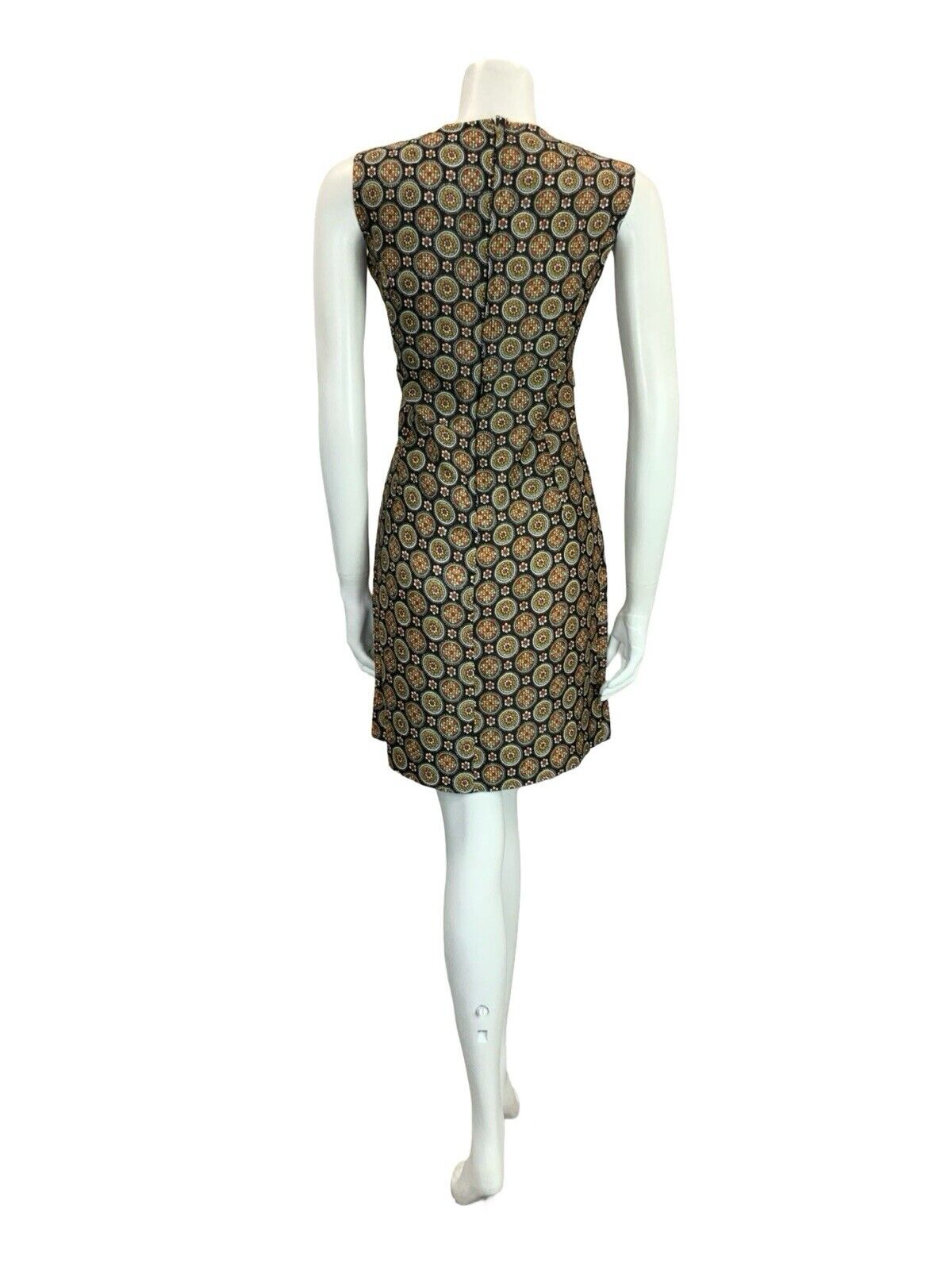 VTG 60S BLACK WHITE RED YELLOW GEOMETRIC TILED FLORAL MOD SHIFT WIGGLE DRESS 10