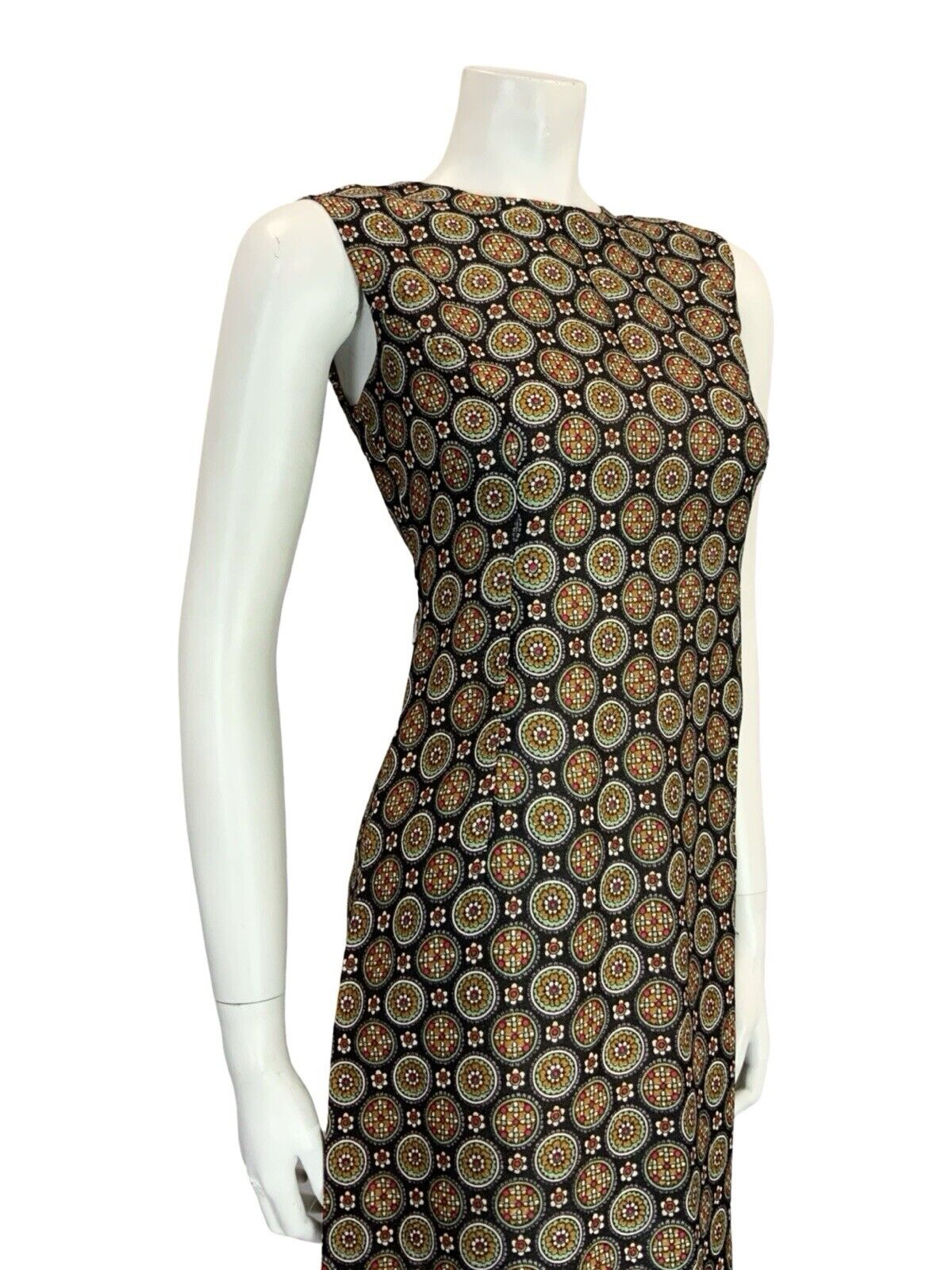 VTG 60S BLACK WHITE RED YELLOW GEOMETRIC TILED FLORAL MOD SHIFT WIGGLE DRESS 10