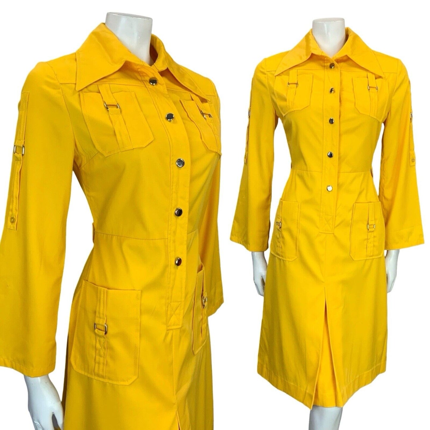 VTG 70S YELLOW UTILITY DAGGER COLLAR BELL SLEEVE SHIRT DRESS W/ POCKETS 8