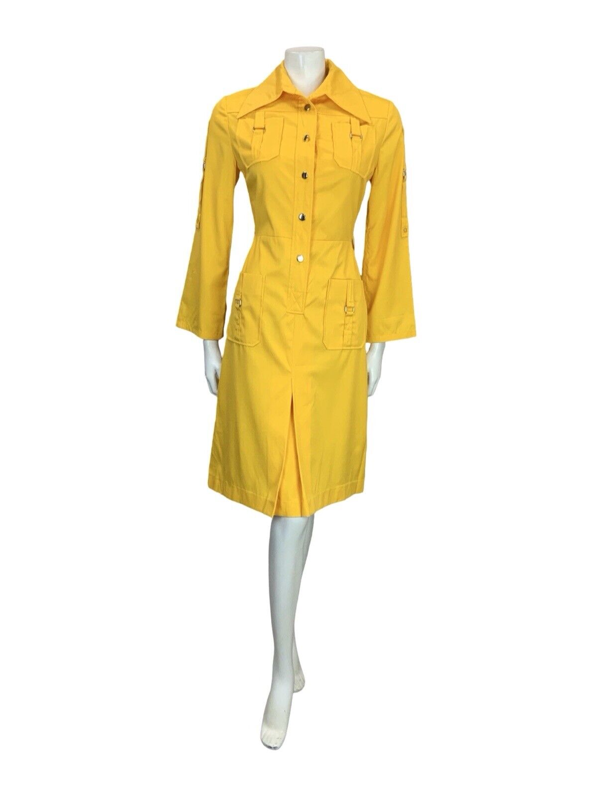 VTG 70S YELLOW UTILITY DAGGER COLLAR BELL SLEEVE SHIRT DRESS W/ POCKETS 8