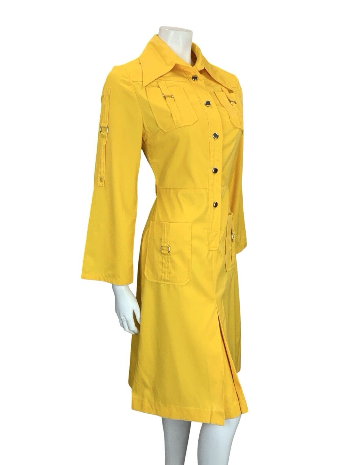 VTG 70S YELLOW UTILITY DAGGER COLLAR BELL SLEEVE SHIRT DRESS W/ POCKETS 8