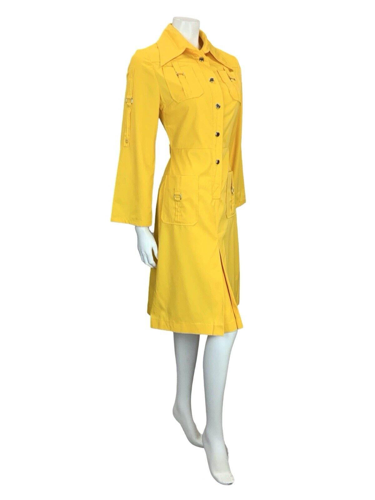 VTG 70S YELLOW UTILITY DAGGER COLLAR BELL SLEEVE SHIRT DRESS W/ POCKETS 8