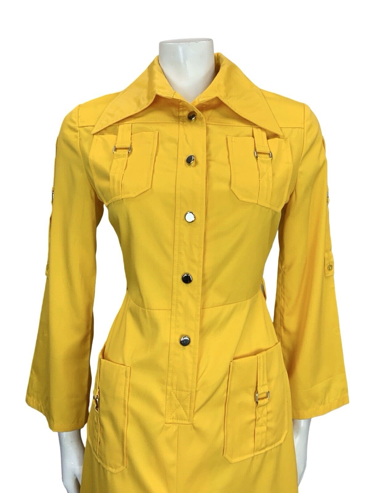VTG 70S YELLOW UTILITY DAGGER COLLAR BELL SLEEVE SHIRT DRESS W/ POCKETS 8