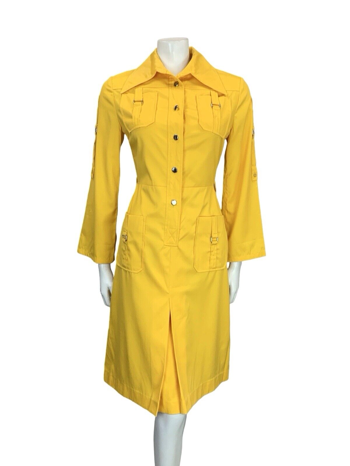 VTG 70S YELLOW UTILITY DAGGER COLLAR BELL SLEEVE SHIRT DRESS W/ POCKETS 8