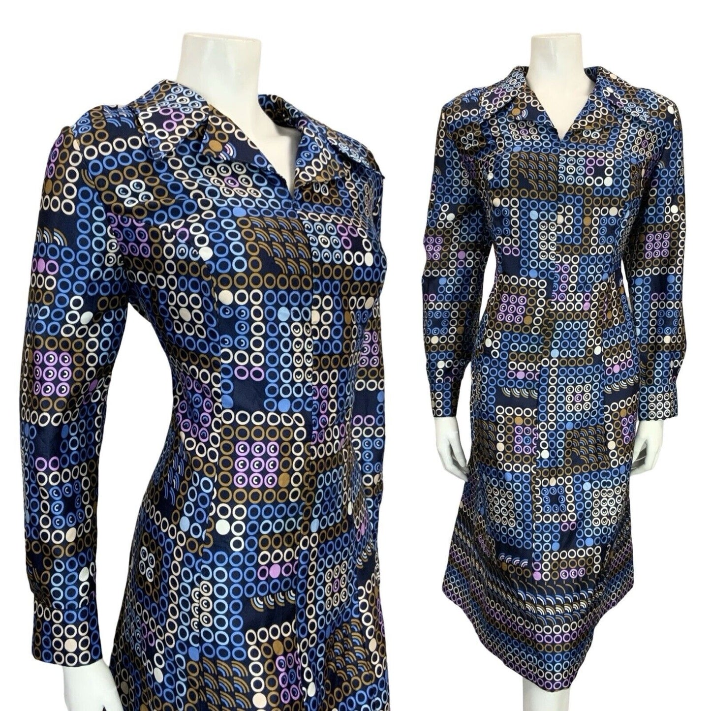 VTG 60S 70S BLUE WHITE BROWN PURPLE GEOMETRIC OPEN COLLAR DOT SHIRT DRESS 14