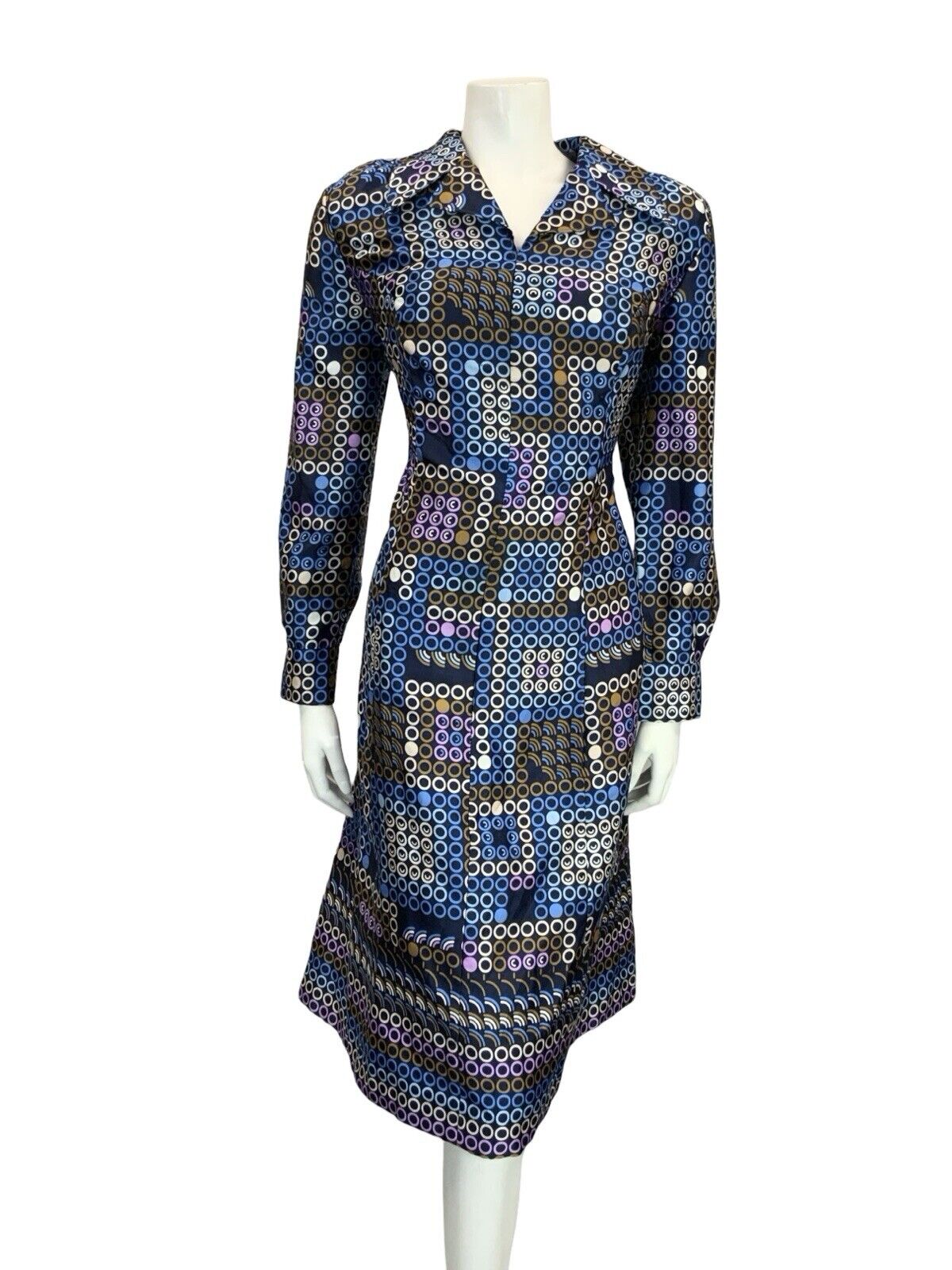 VTG 60S 70S BLUE WHITE BROWN PURPLE GEOMETRIC OPEN COLLAR DOT SHIRT DRESS 14