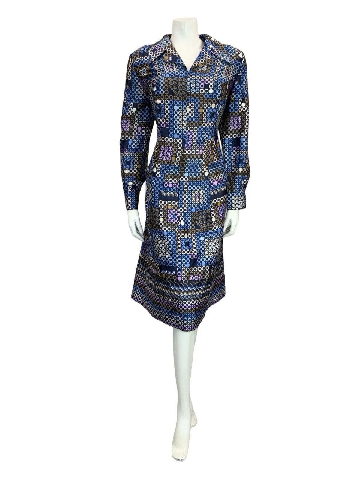 VTG 60S 70S BLUE WHITE BROWN PURPLE GEOMETRIC OPEN COLLAR DOT SHIRT DRESS 14